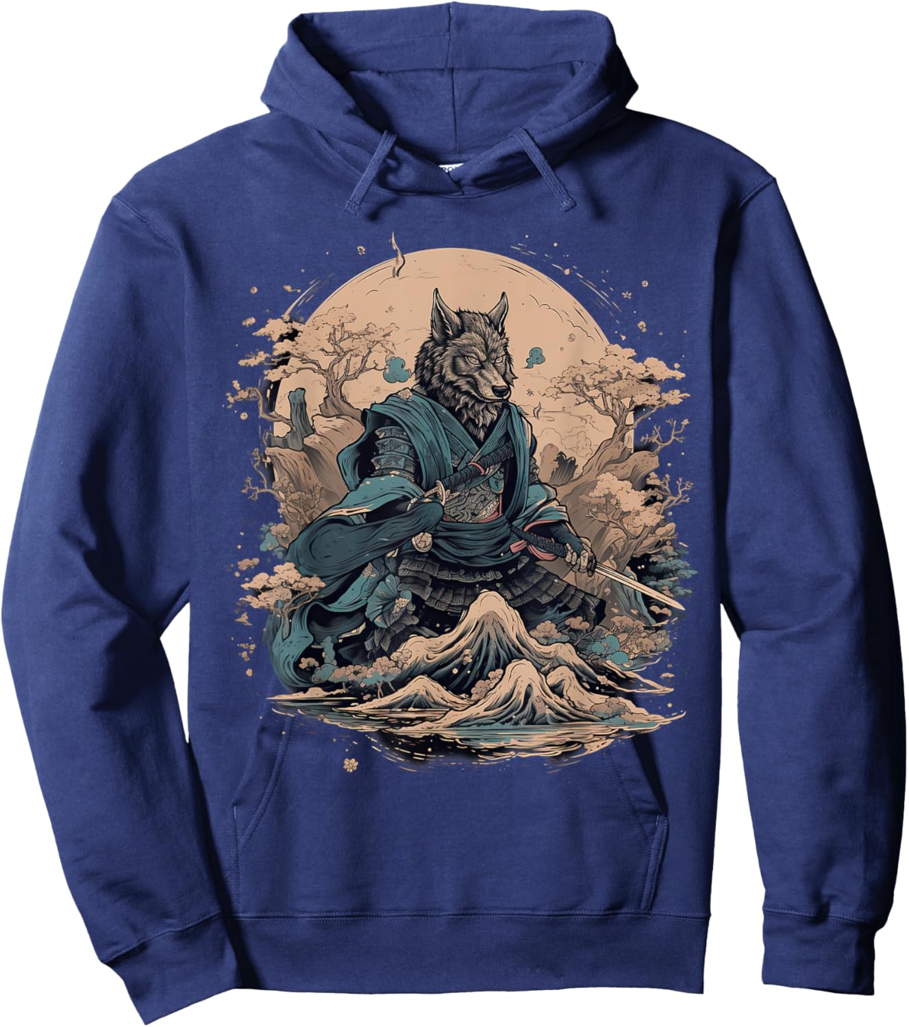 Vintage Japanese Art Samurai Wolf Hoodie - Hoodie | Navy