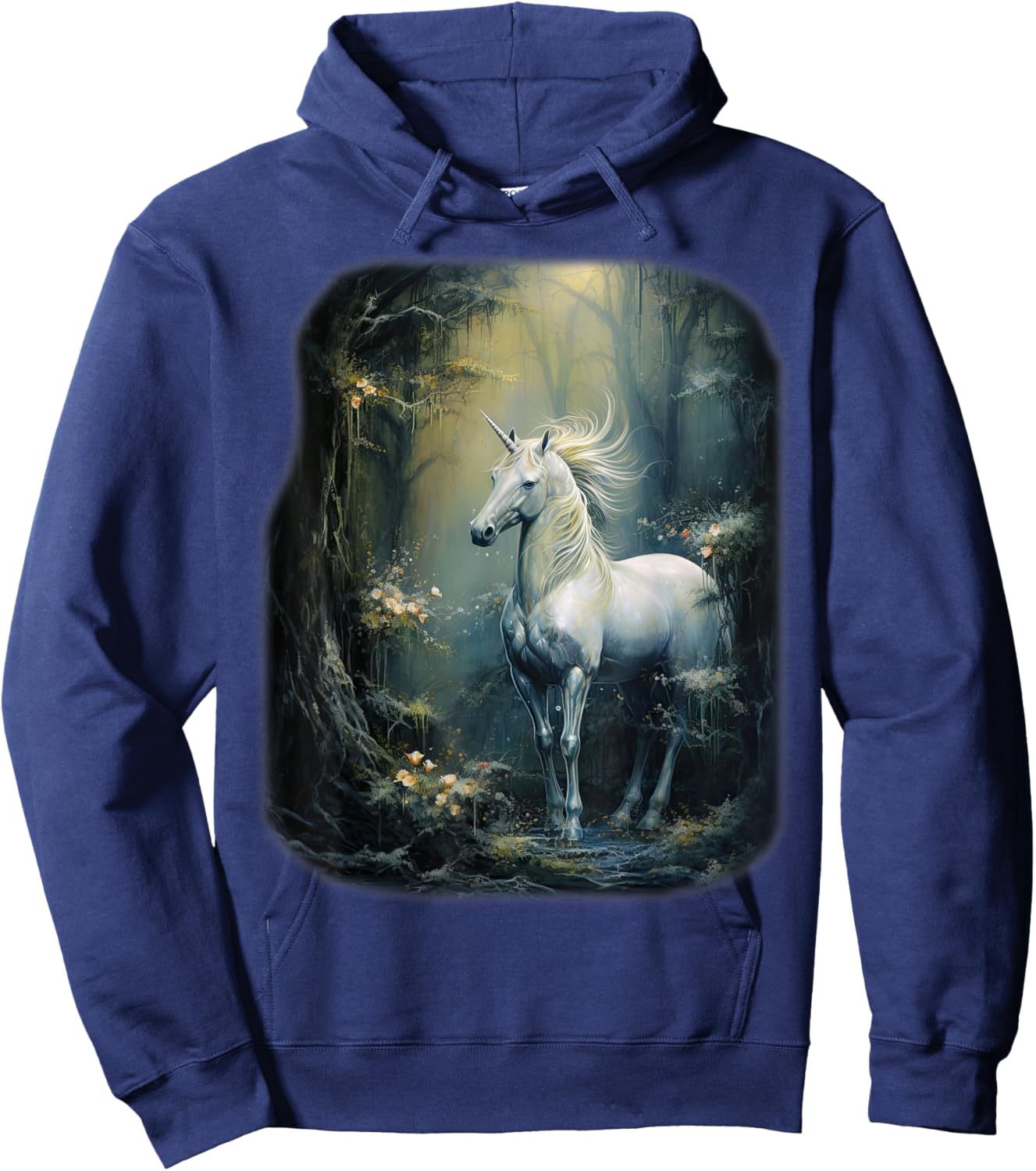 Fantasy white Unicorn standing in a Forest Hoodie - Hoodie | Navy