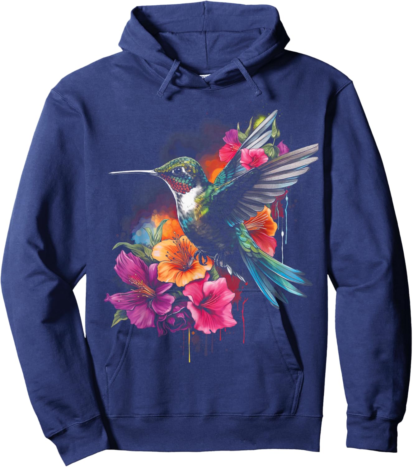 Hummingbird Floral Bird Artwork Hoodie - Hoodie | Navy