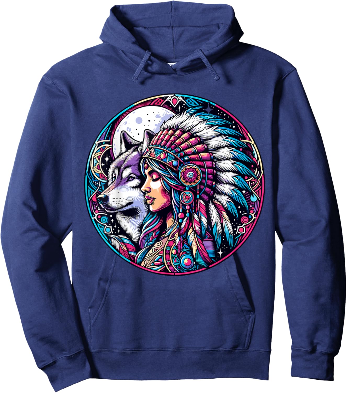 Native American Totem Woman and Wolf Hoodie - Hoodie | Navy
