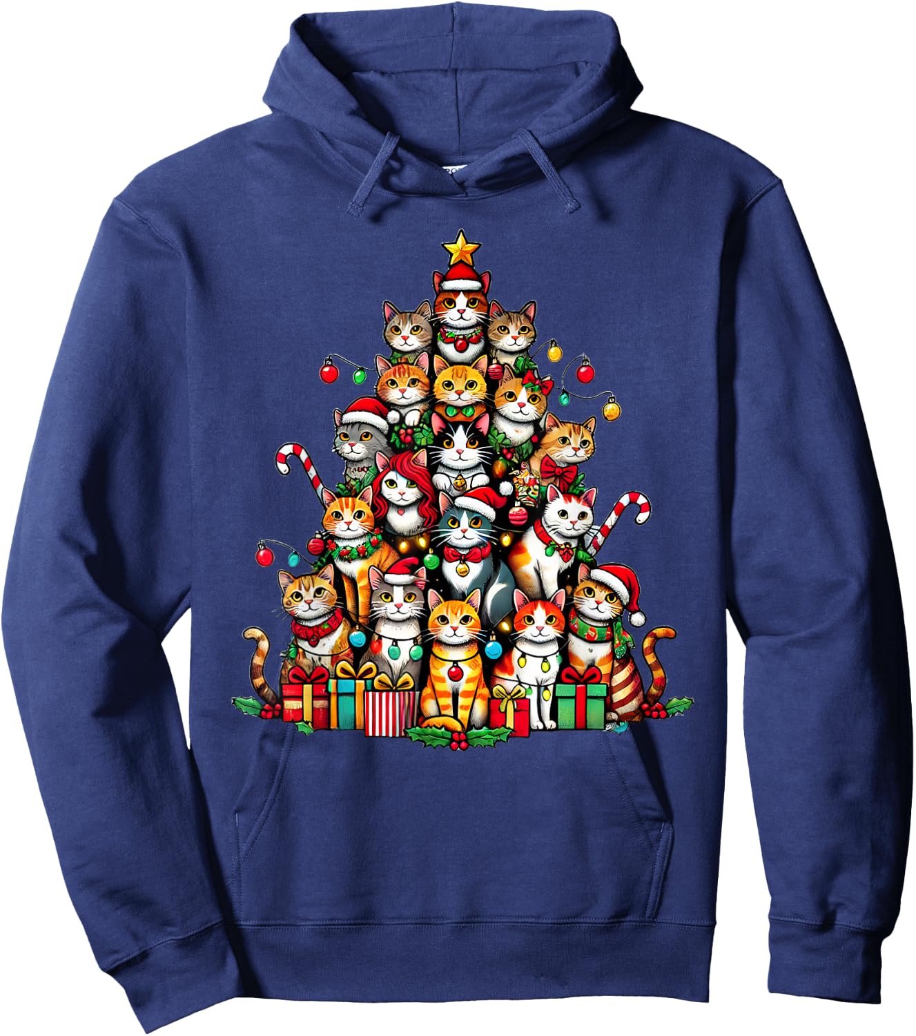 Cat Kitten Christmas Tree Funny Cat Xmas Hoodie - Hoodie | Navy