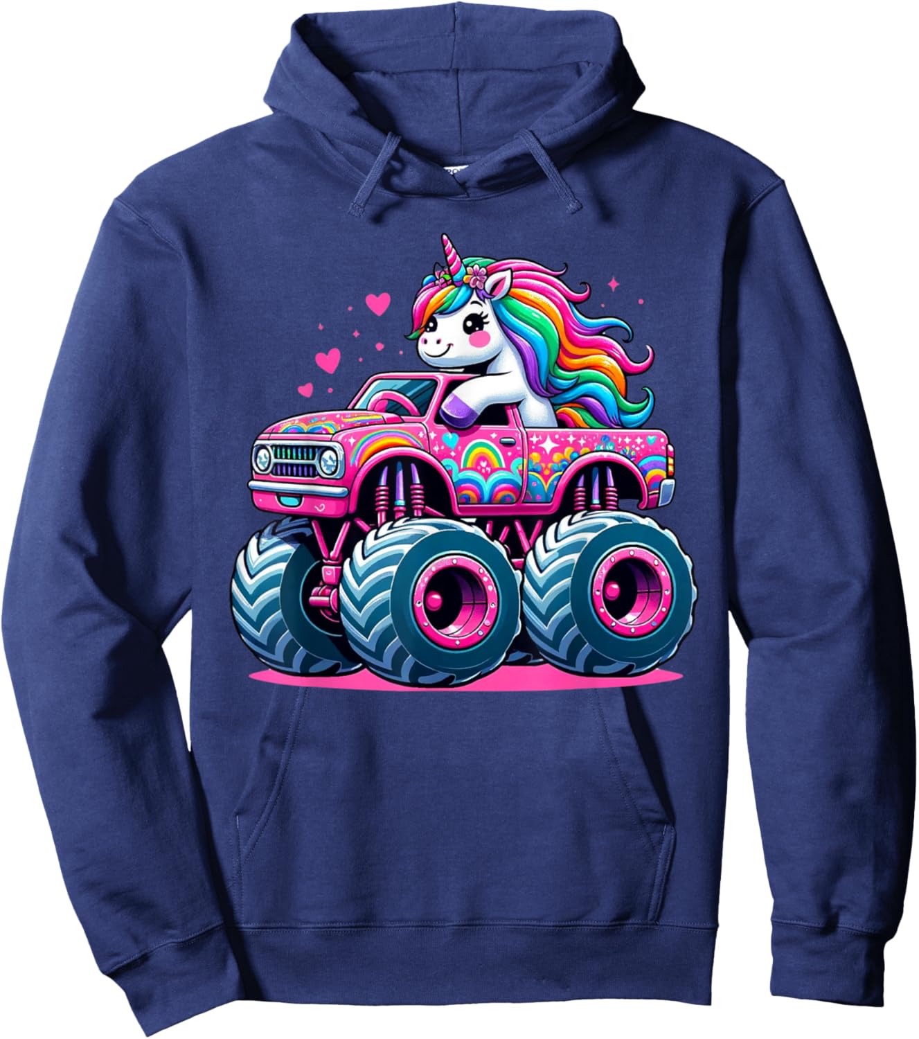 Funny Cute Unicorn Riding A Pink Monster Truck Hoodie - Hoodie | Navy