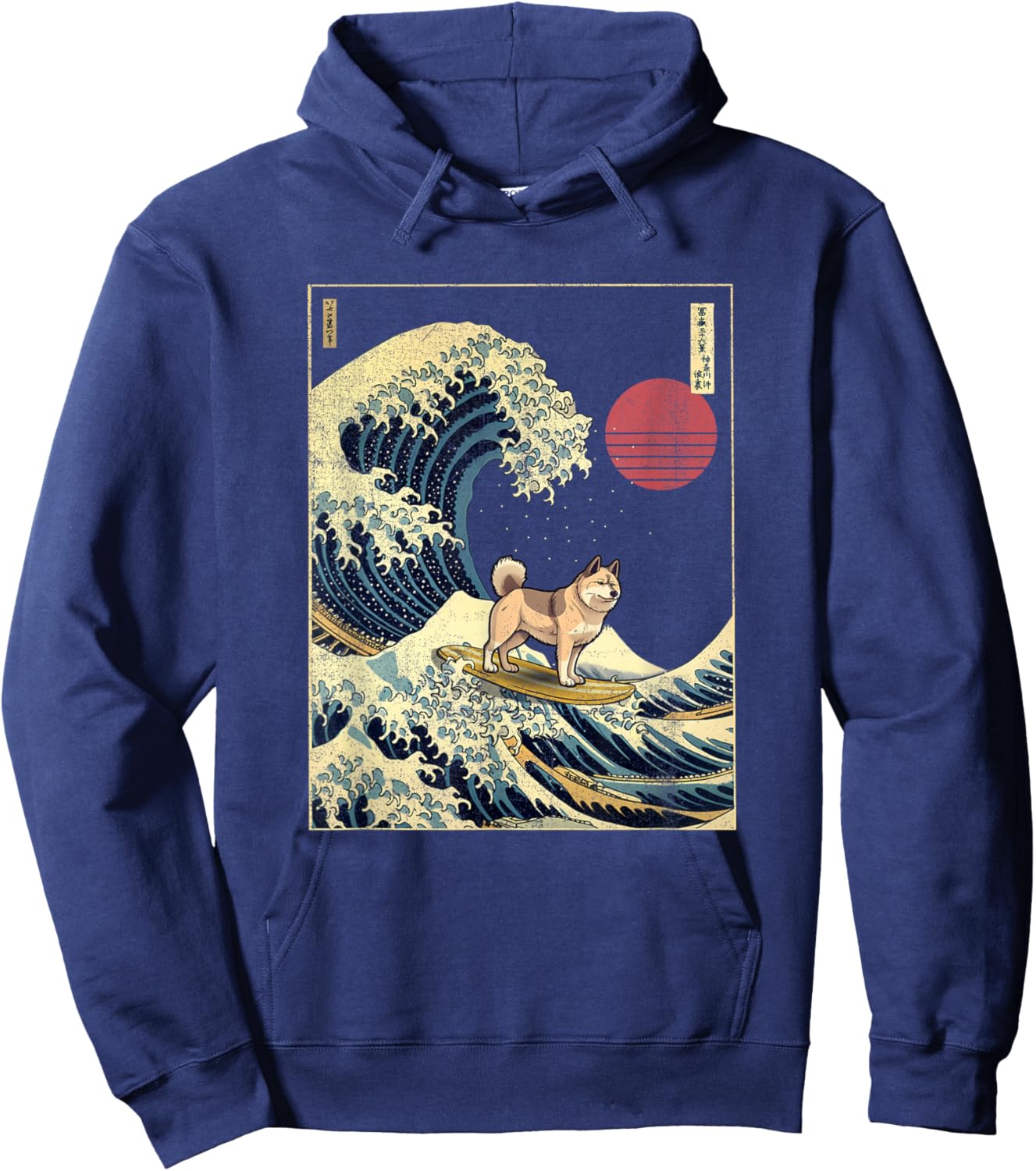Akita Japanese Kanagawa Wave Funny Surf Dog Hoodie - Hoodie | Navy