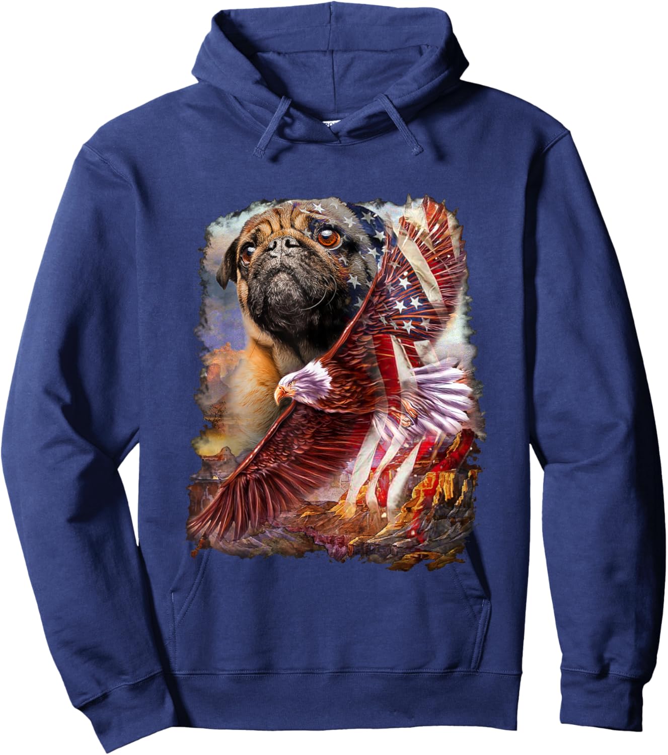 Pug with bald eagle american flag Hoodie - Hoodie | Navy
