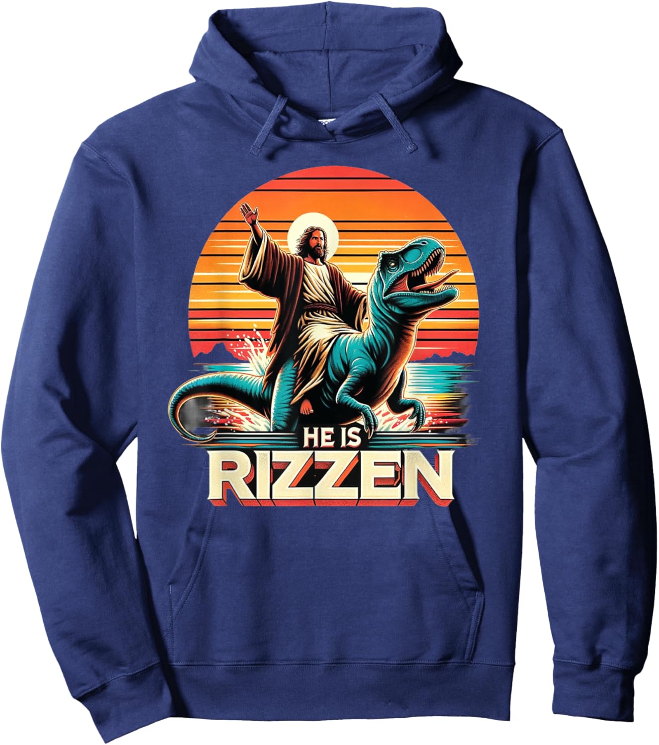 He Is Rizzen Jesus Retro Christian Dinosaur Hoodie - Hoodie | Navy