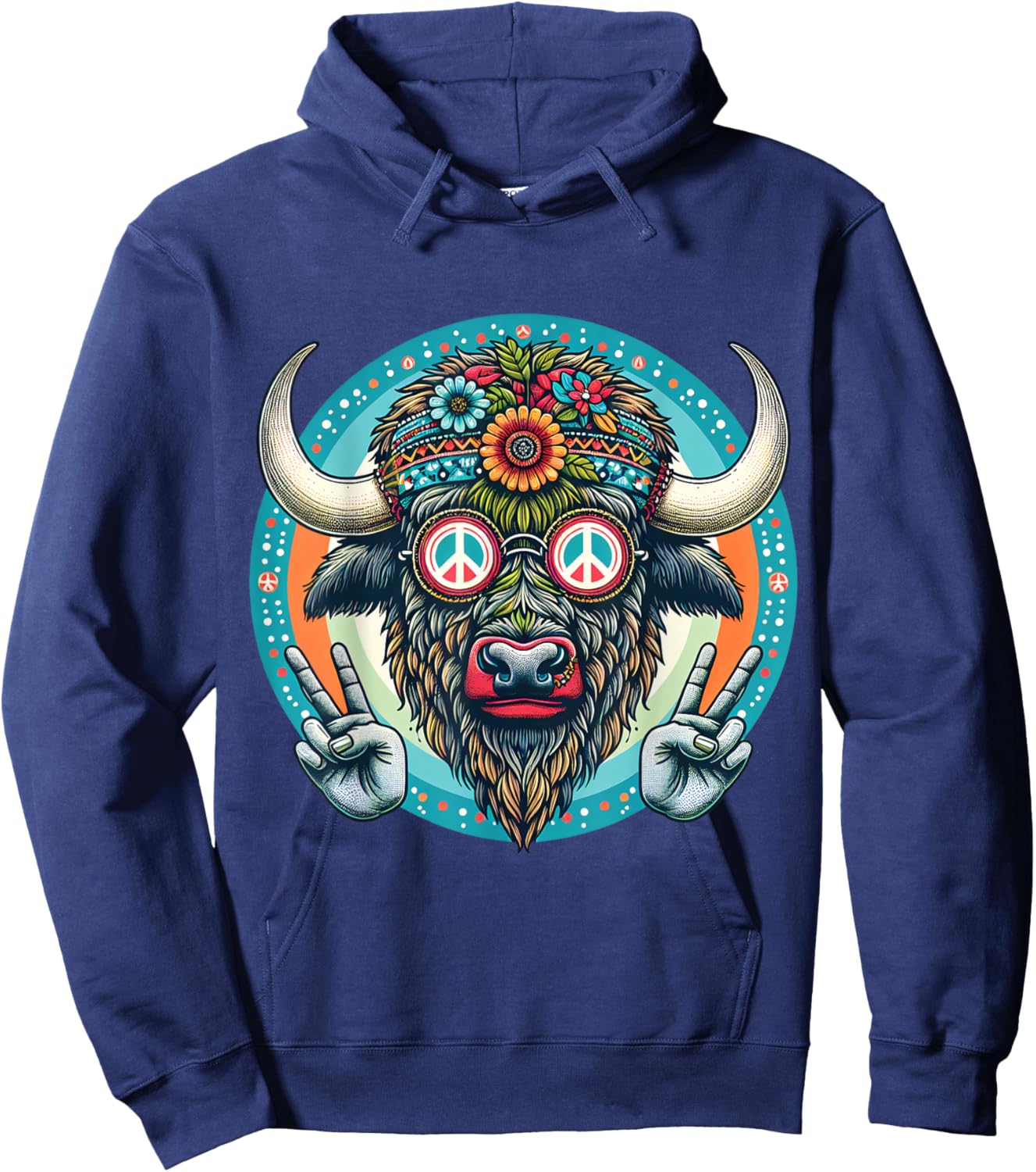 Buffalo Hippie with Peace signs floral Hoodie - Hoodie | Navy