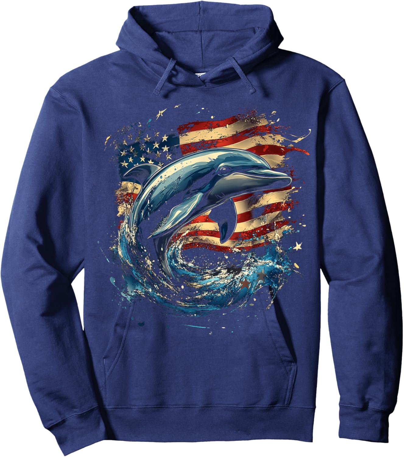 Patriotic Dolphin with American Flag Design Hoodie - Hoodie | Navy