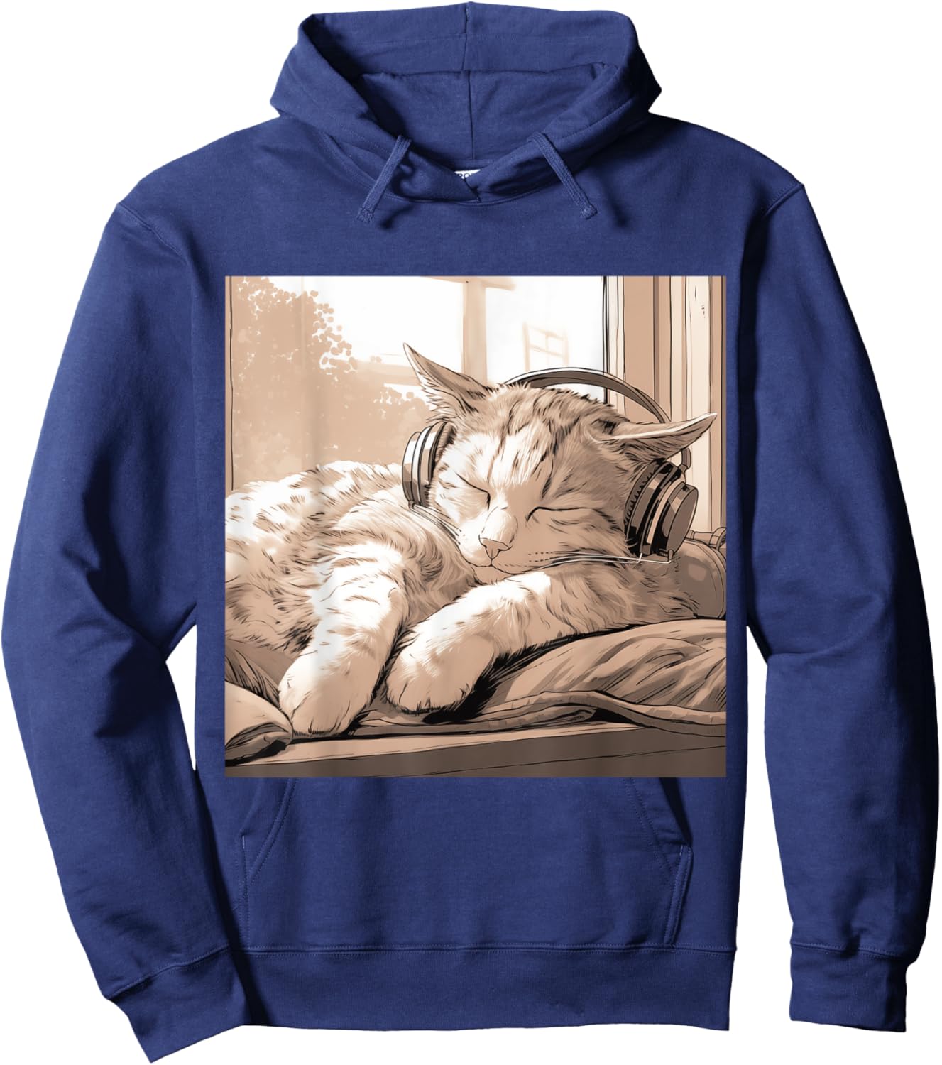 Sleeping Lo-Fi Manga Cat Wearing Headphones Hoodie - Hoodie | Navy