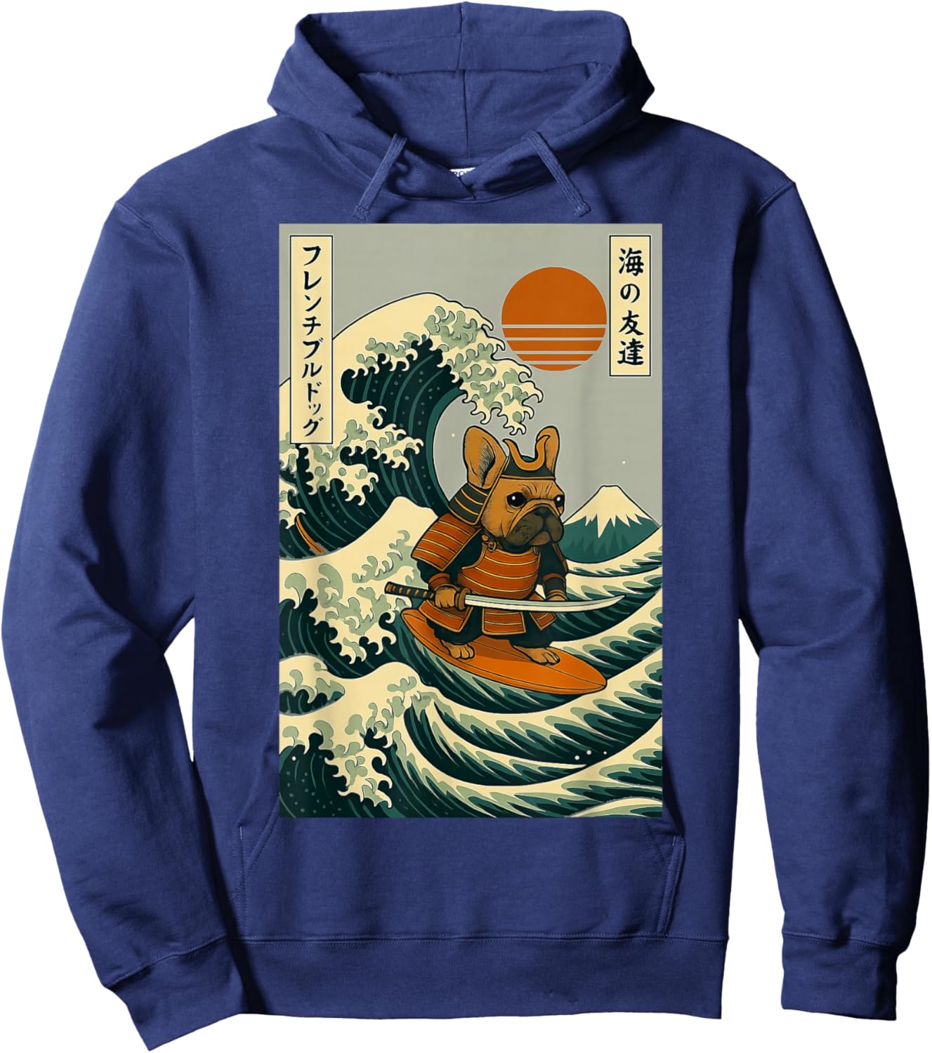 French Bulldog Samurai Surfing Japanese Wave Hoodie - Hoodie | Navy