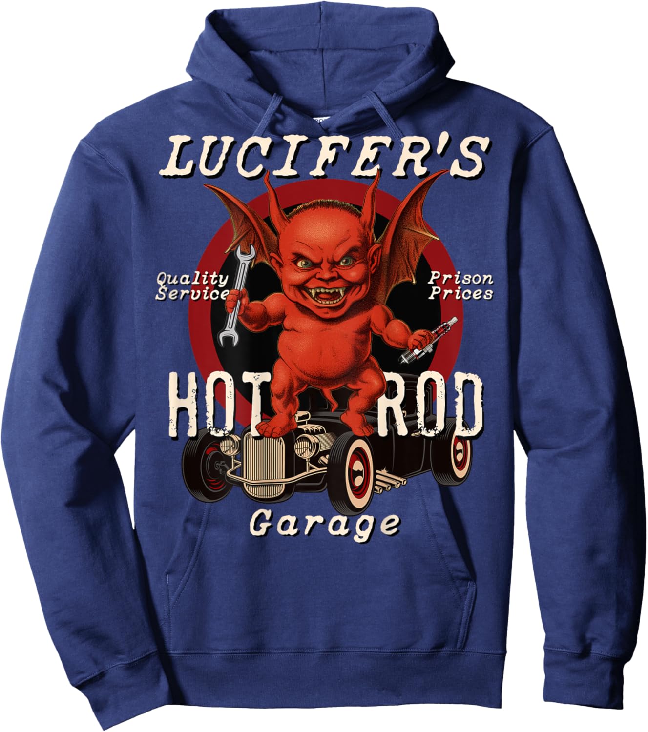 The Dirty Gringo Lucifer's Hot Rod Garage Fat Devil Mechanic Retro Rockabilly - Black - Small - -Adults - Short Sleeve - Cotton, Polyester Blend Hoodie - Hoodie | Navy