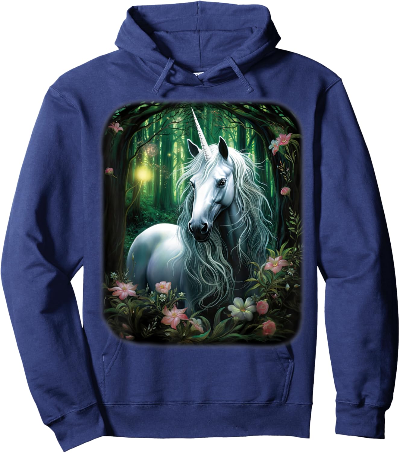 Fantasy white Unicorn standing in green Forest Hoodie - Hoodie | Navy