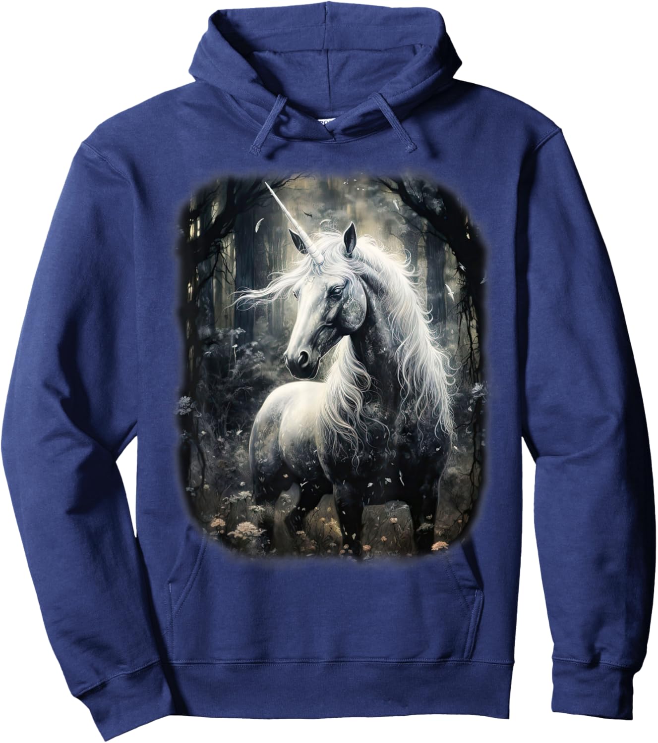 Fantasy white Unicorn standing in a Forest Hoodie - Hoodie | Navy