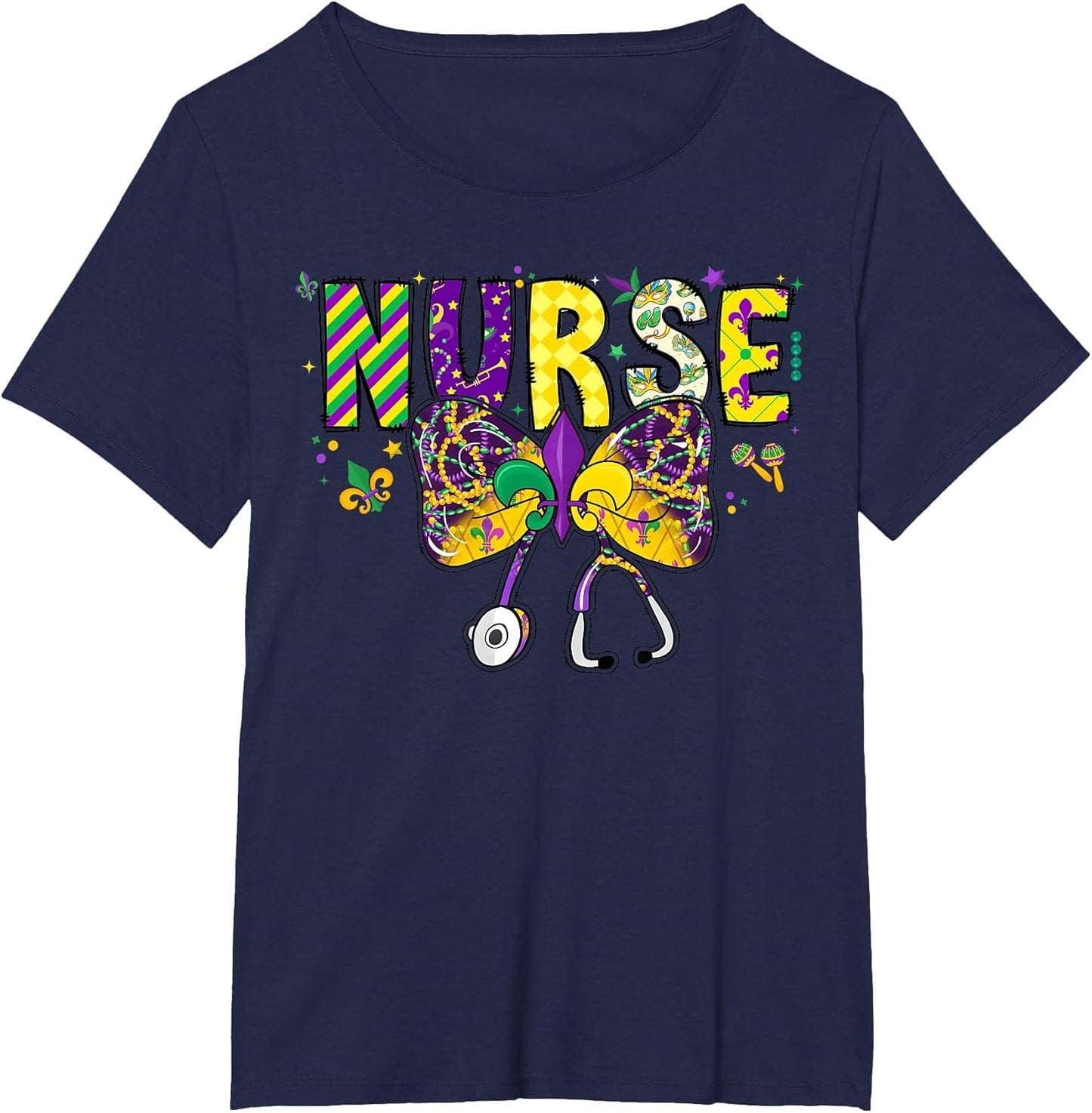 Nurse Mardi Gras Coquette Bow Stethoscope Girls Women , Women's Plus, Navy Blue, 4X