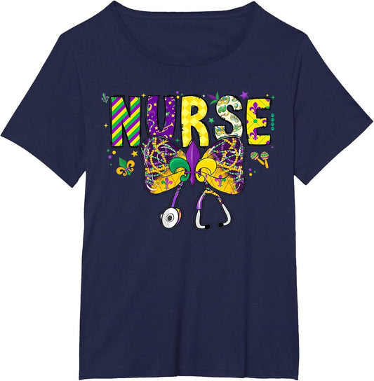 Nurse Mardi Gras Coquette Bow Stethoscope Girls Women , Women's Plus, Navy Blue, 4X