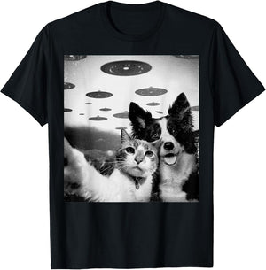 Cat And Dog Selfie With Alien UFOs Funny Weird Graphic