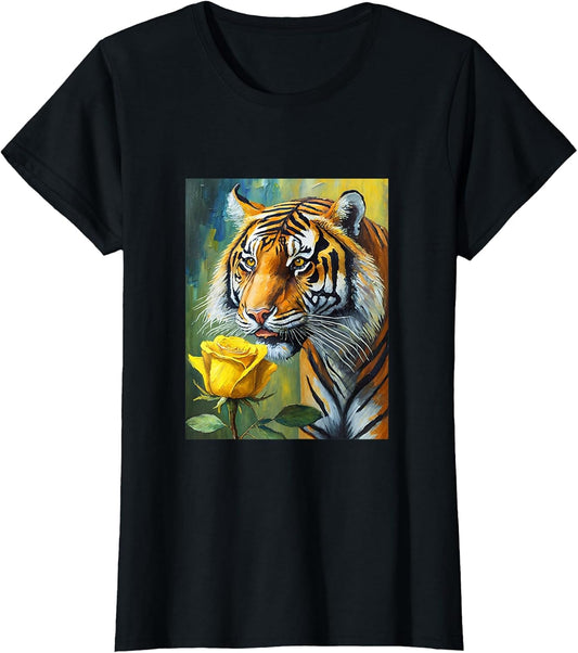 Tiger Sniffing a Yellow Rose Illustration Graphic Design