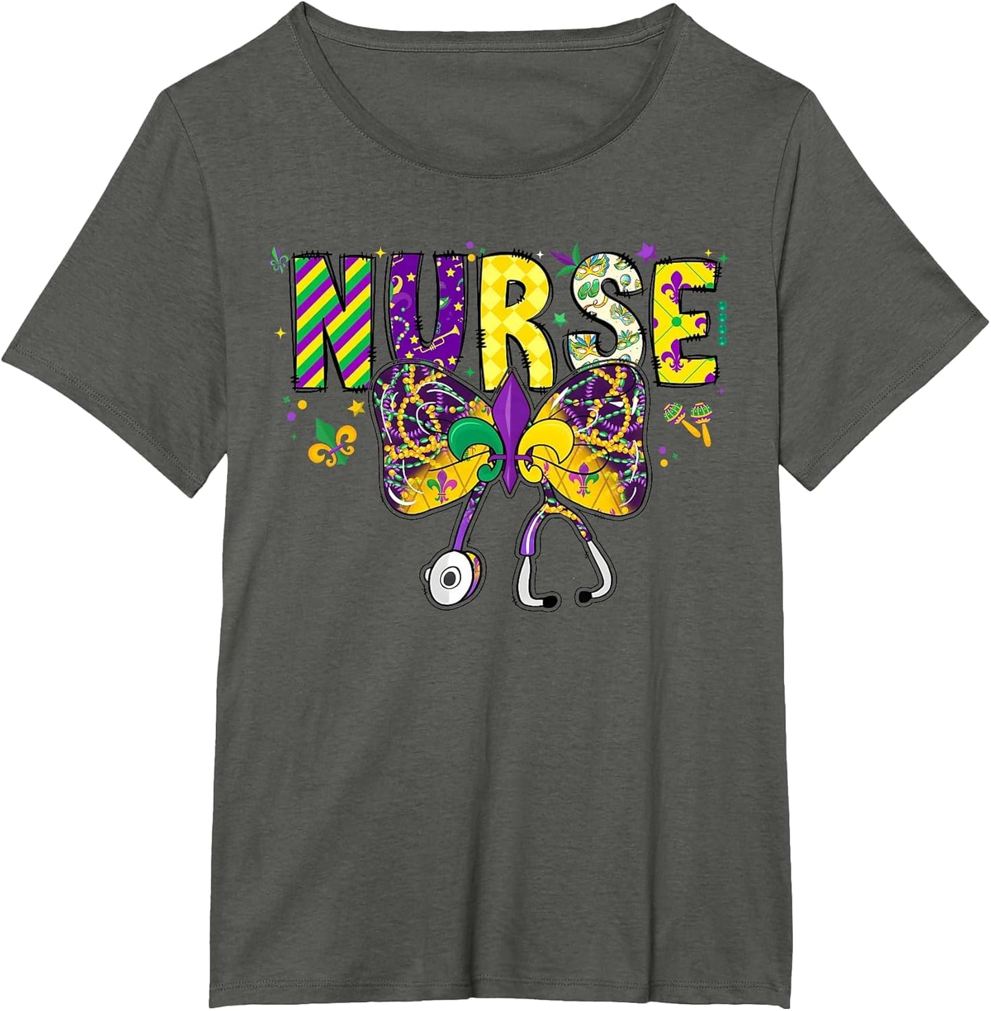 Nurse Mardi Gras Coquette Bow Stethoscope Girls Women , Women's Plus, Asphalt Grey, 4X