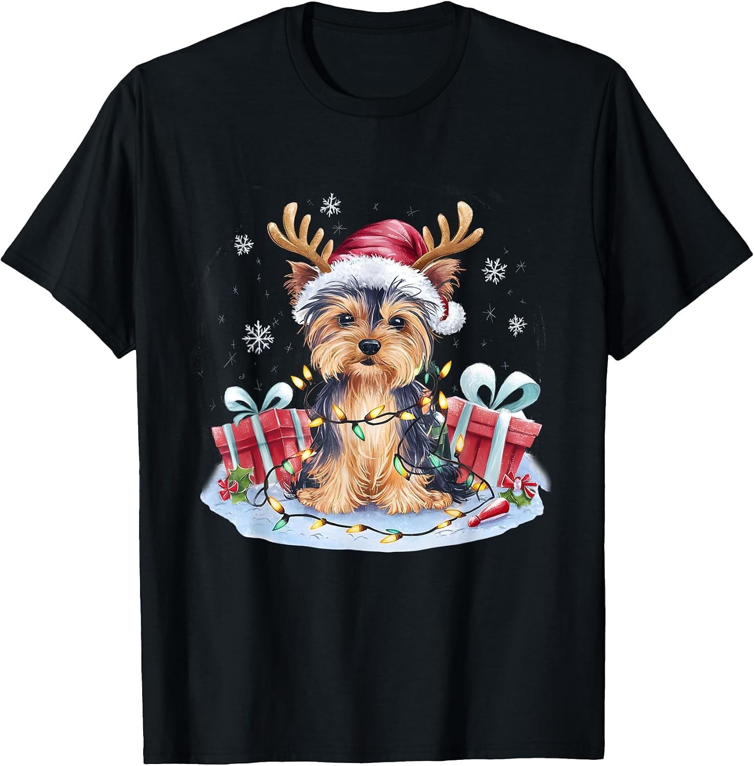 Funny Santa Yorkie Dog Reindeer Christmas Lights Dog Lover