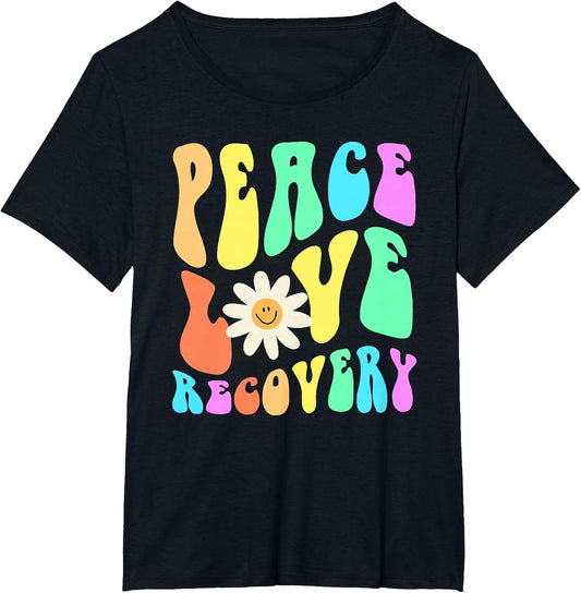 Groovy Peace Love Recovery Celebrate Sober I'm Clean AA NA , Women's Plus, Black, 1X