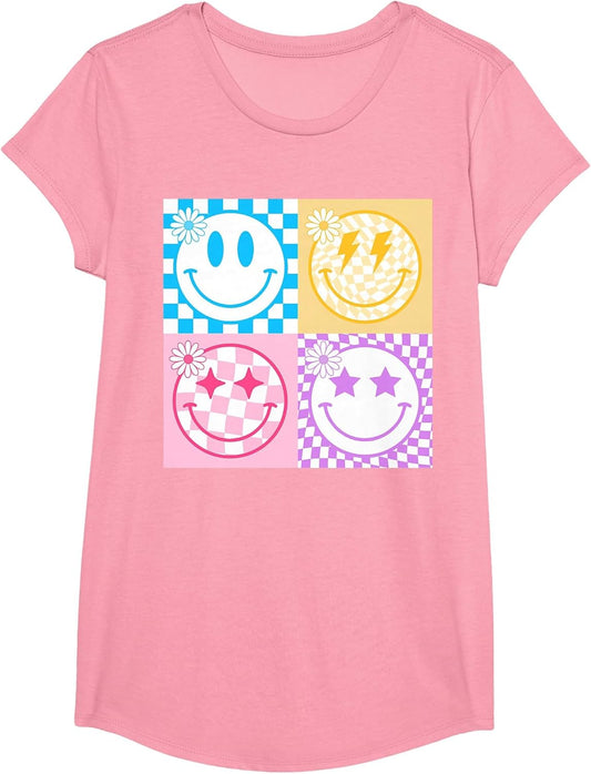 Retro Happy Smile Face Checkered Pattern Vibes Trendy Girls