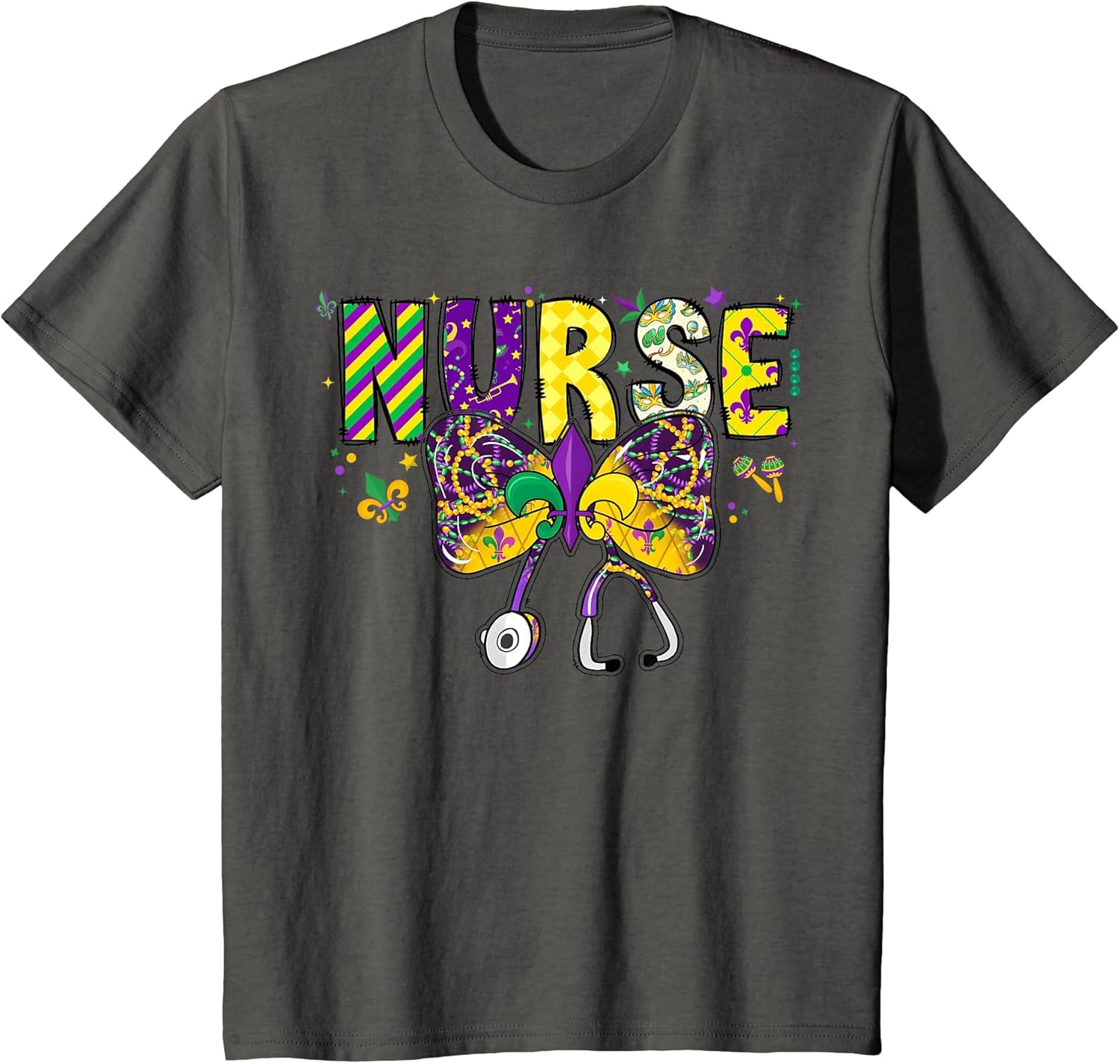 Nurse Mardi Gras Coquette Bow Stethoscope Girls Women , Youth, Asphalt Grey, 3T