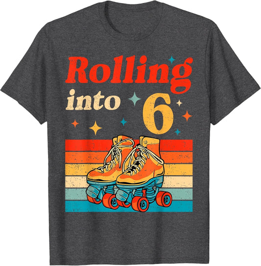 Rolling Into 6 Years Old Retro Roller Skater 6th Birthday