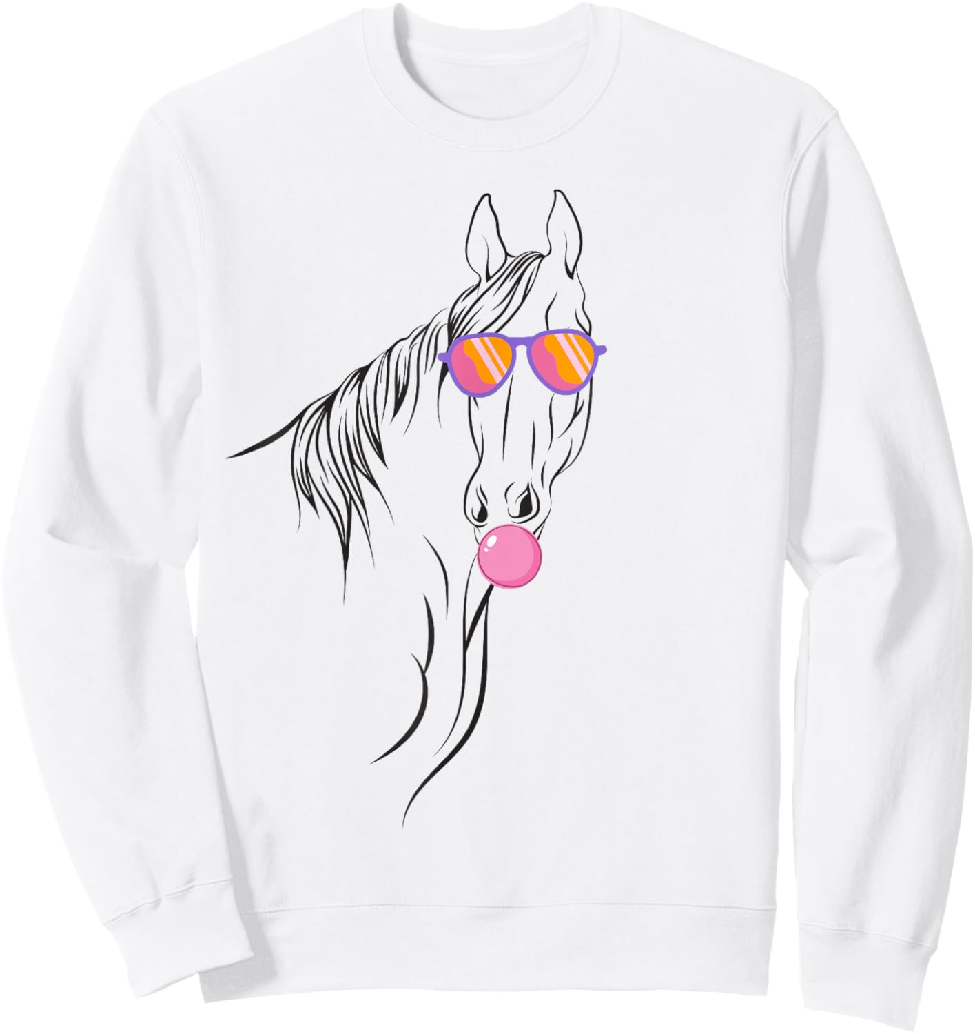 Horse with Bubble Gum and Sunglasses Funny Animal Portrait Sweatshirt - Sweatshirt | White