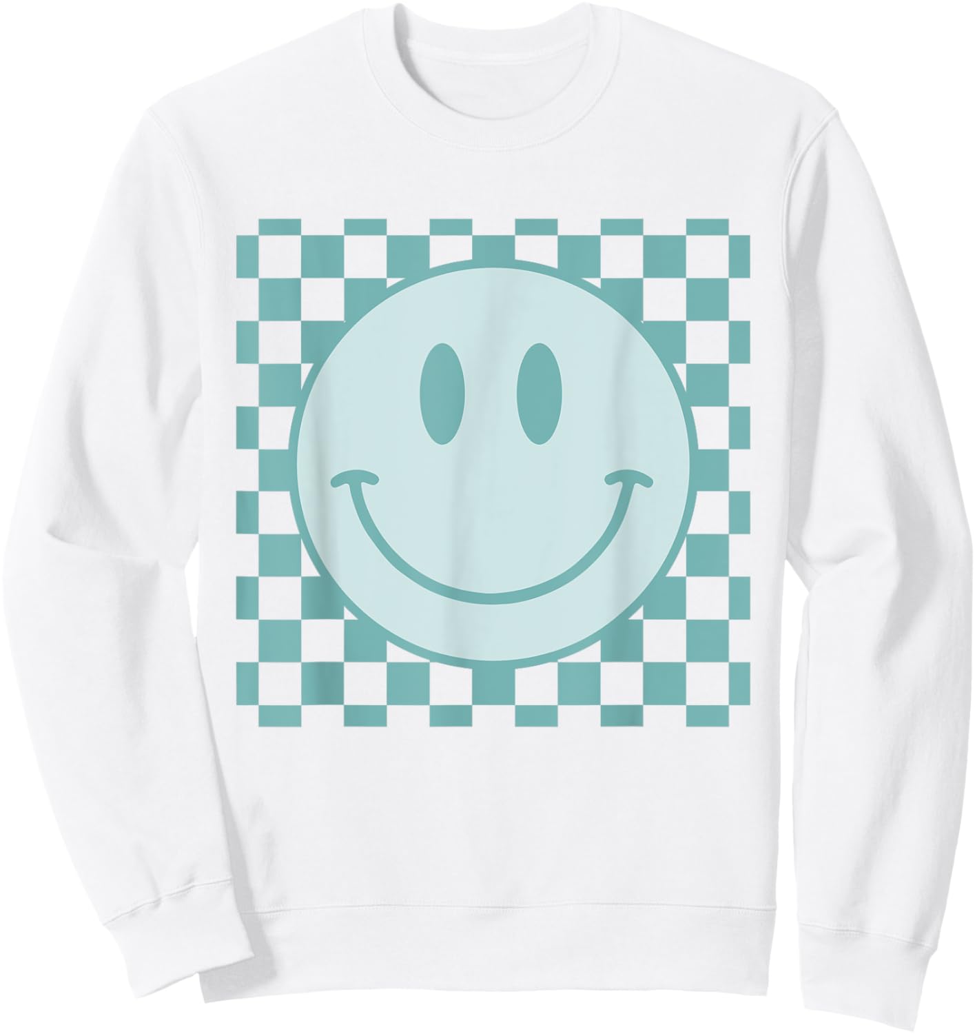 Retro Happy Face Checkered Pattern Smile Face Trendy Sweatshirt - Sweatshirt | White