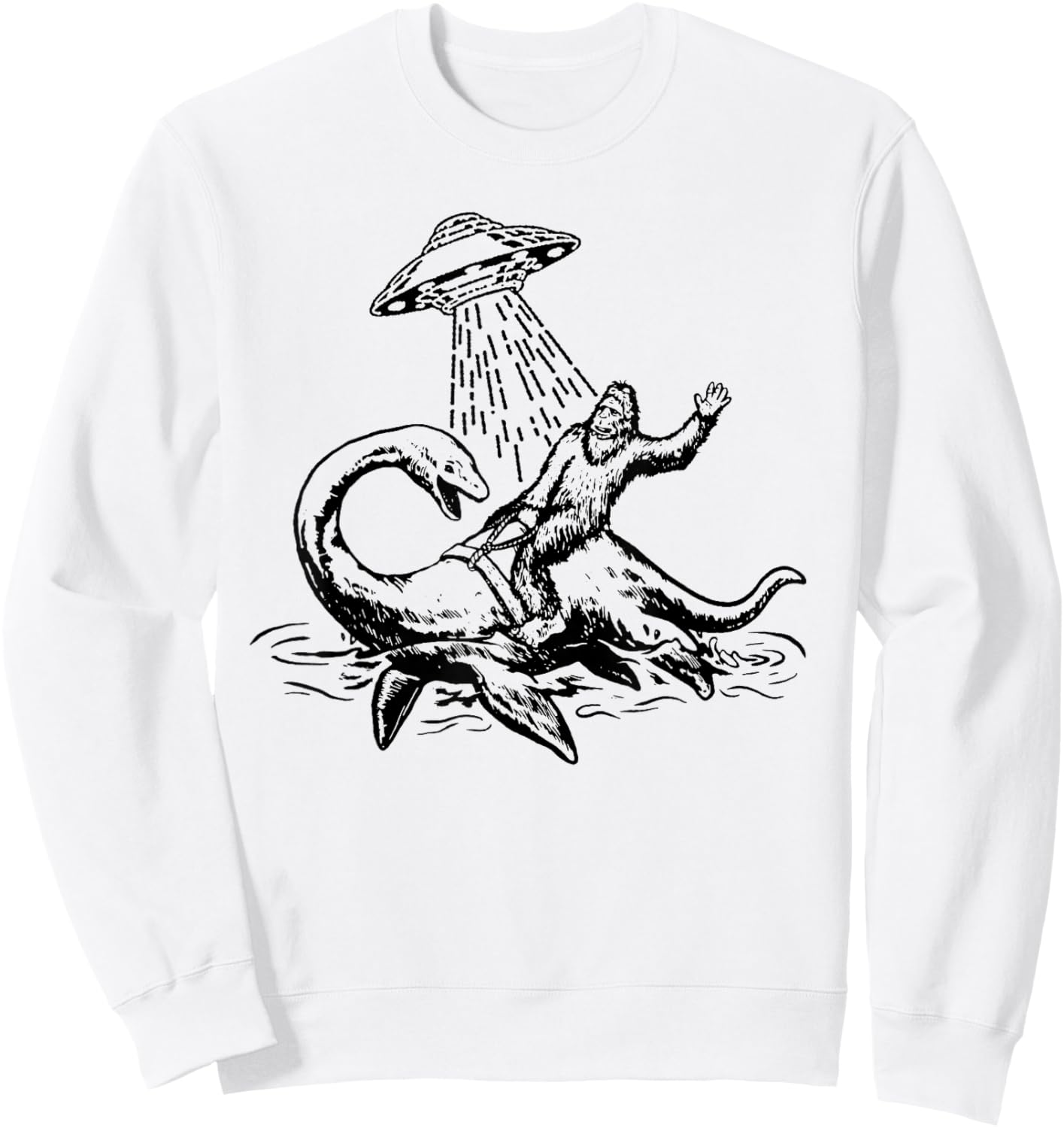 Bigfoot Riding Loch Ness Monster Funny Sasquatch Nessie Sweatshirt - Sweatshirt | White