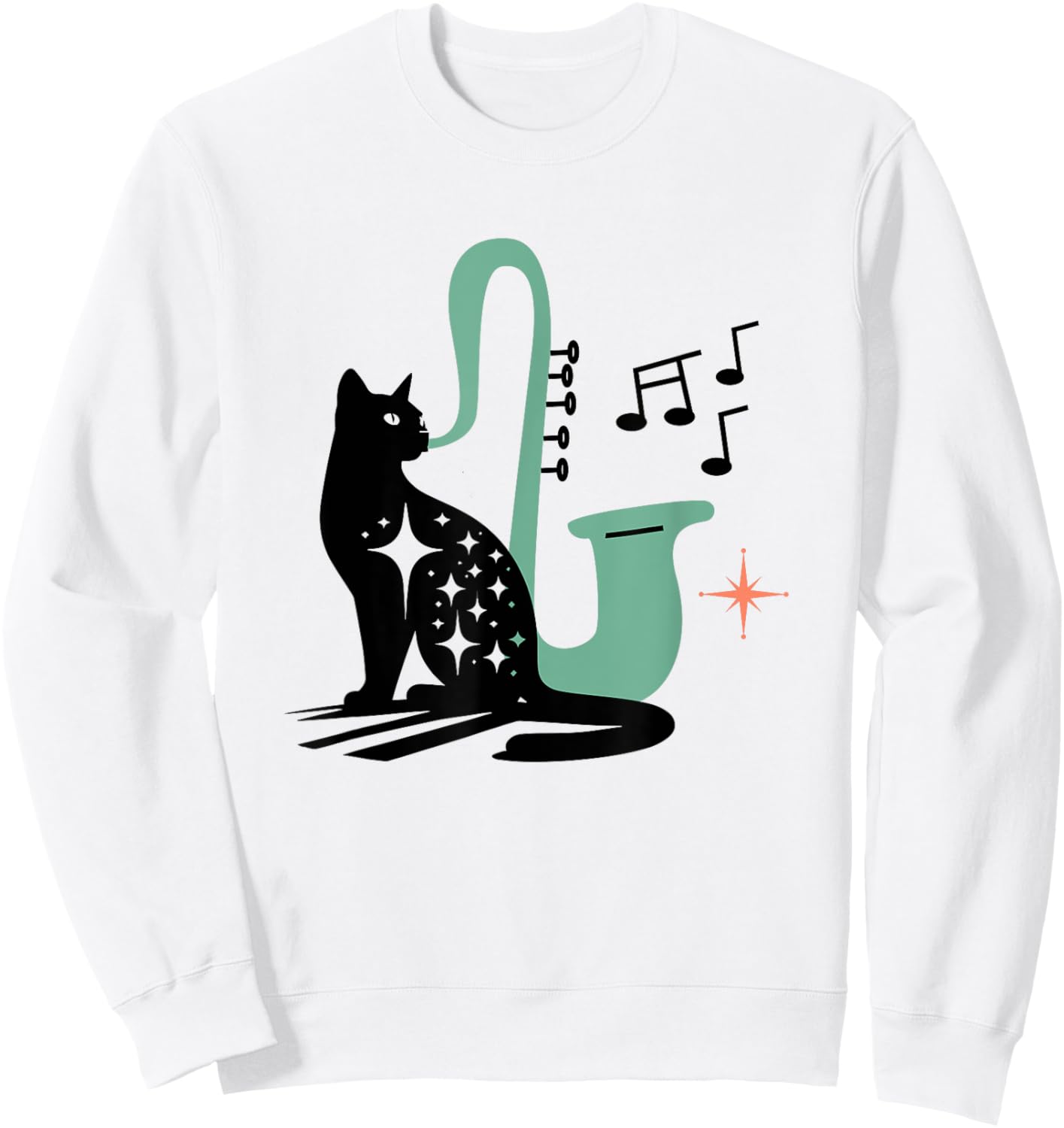Retro Musical Cat Saxophone Midcentury Modern Mid Century Sweatshirt - Sweatshirt | White