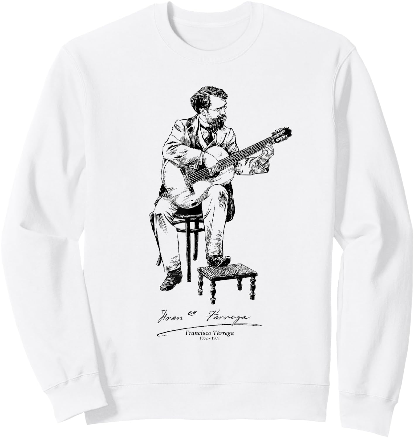 Tfantasy Francisco Trrega Spanish Classical Guitar Music , -Adults, Grey, Small, Short Sleeve, Cotton Blend, Classic Fit, T Back, Round Neck, Casual Sweatshirt - Sweatshirt | White