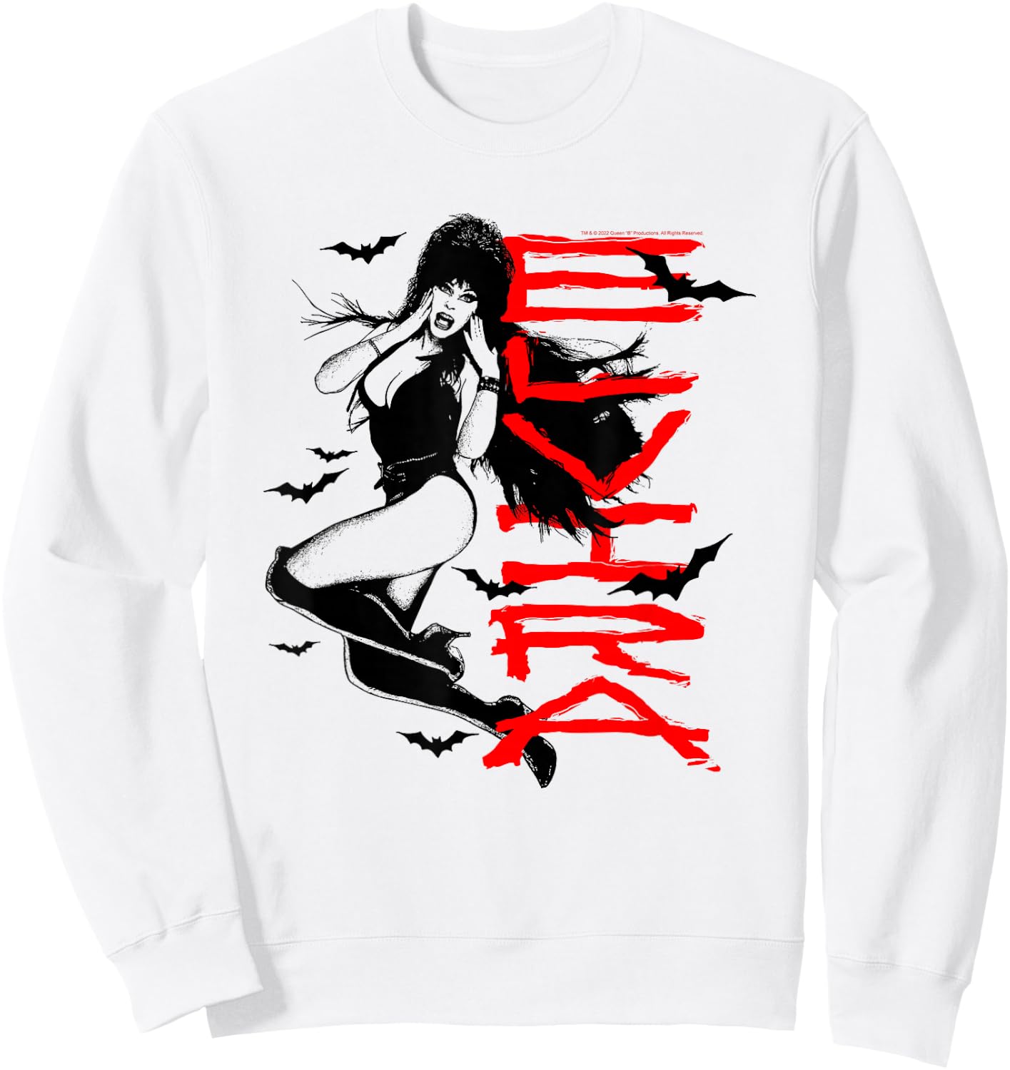 Elvira, Mistress of The Dark Stacked Name with Bats Sweatshirt - Sweatshirt | White