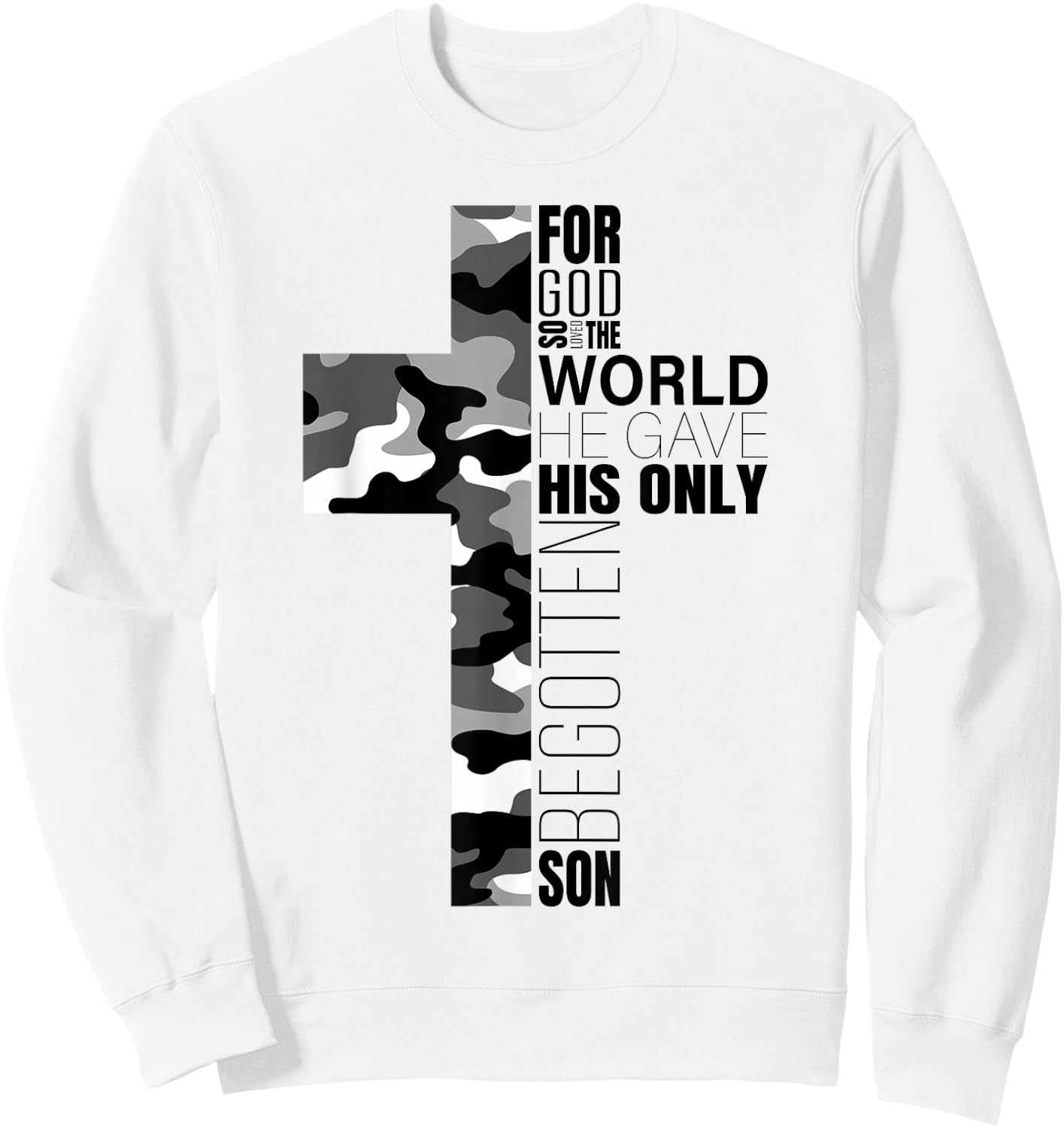 Camo Christian Cross Bible Verse John 3:16 Men Boys Faith Sweatshirt - Sweatshirt | White