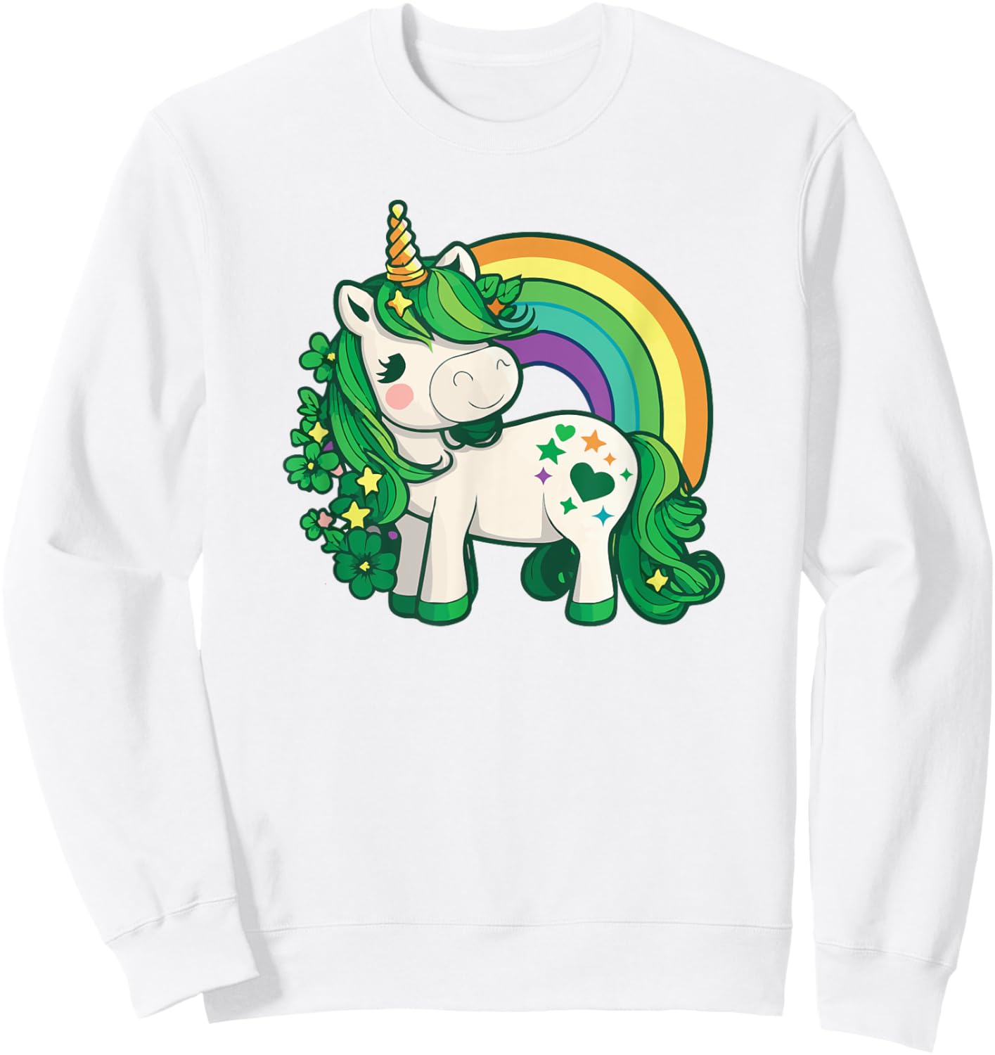 Unicorn St Patricks Day Rainbow / Green Clovers Kawaii Cute Sweatshirt - Sweatshirt | White