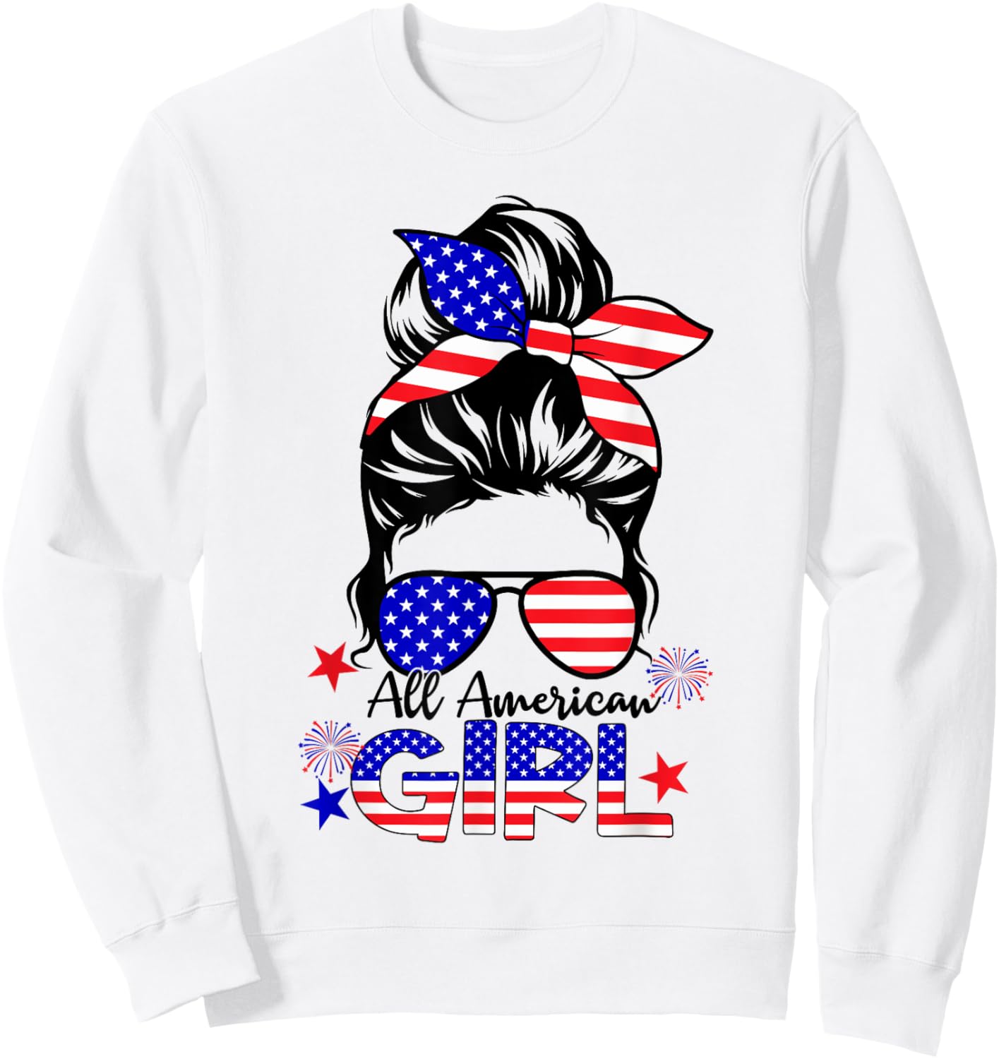 4th of July All American Girls Messy Bun Sweatshirt - Sweatshirt | White