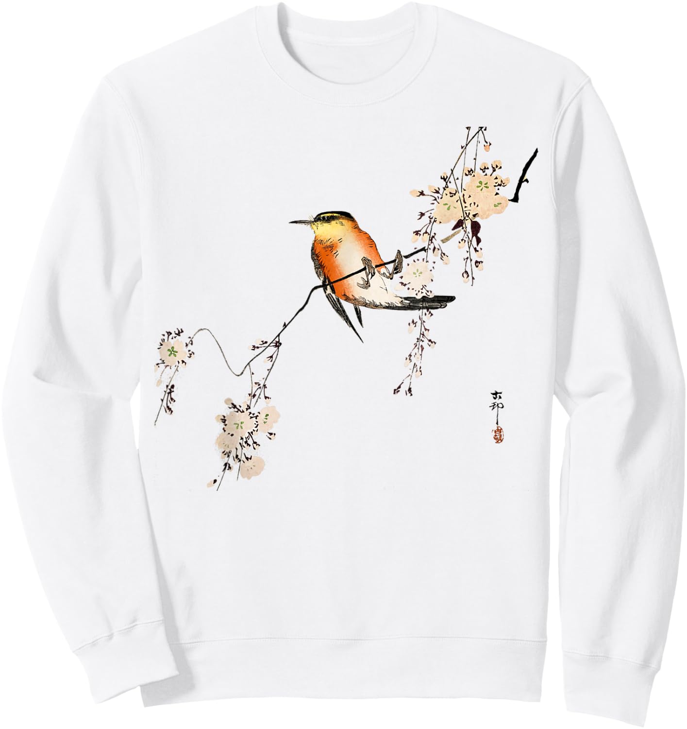 Japanese art style Vintage Ukiyo-e Red bird Cherry blossoms Sweatshirt - Sweatshirt | White