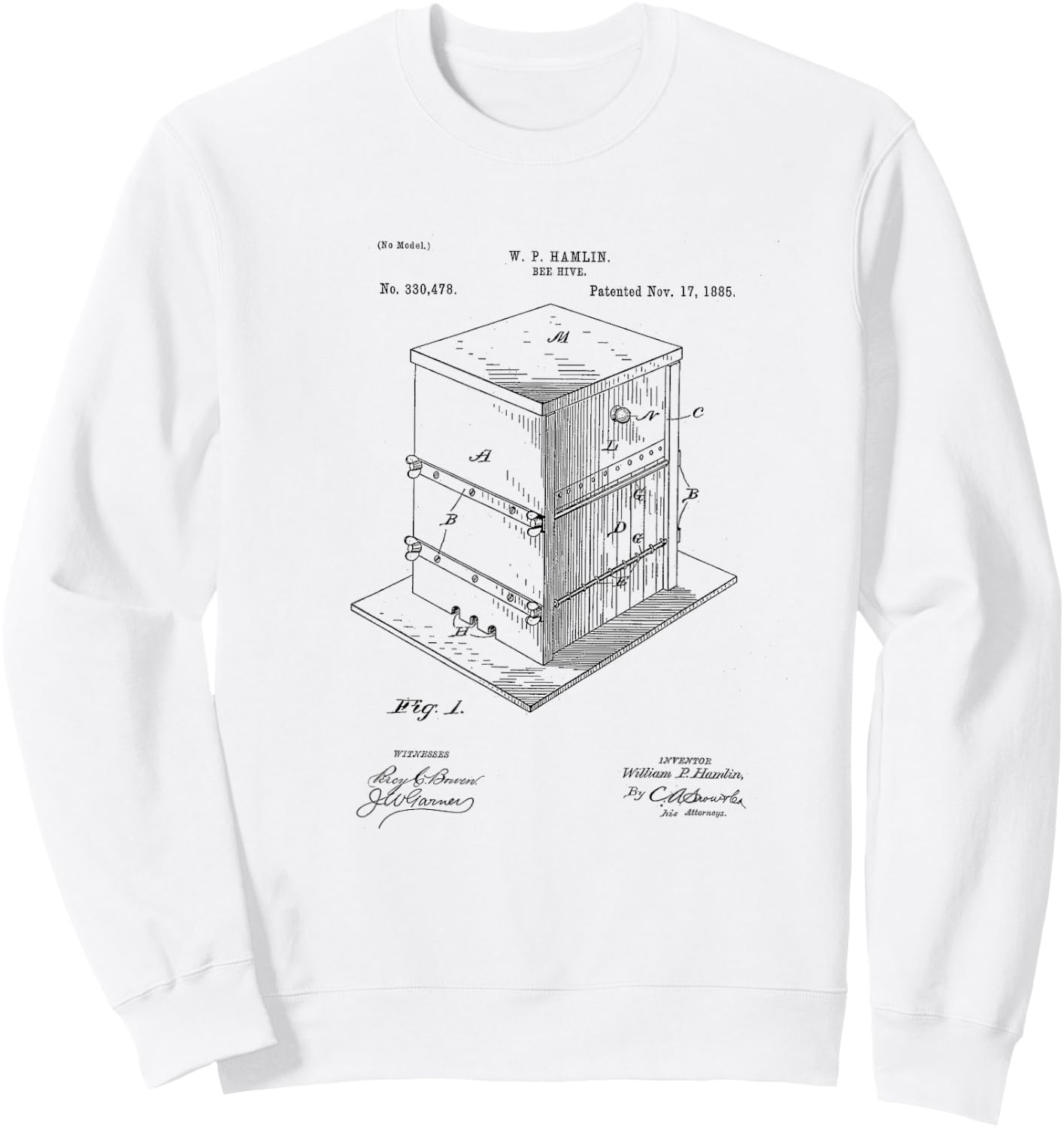 Vintage Patent Print 1885 Bee Hive Beekeeper Gift Sweatshirt - Sweatshirt | White