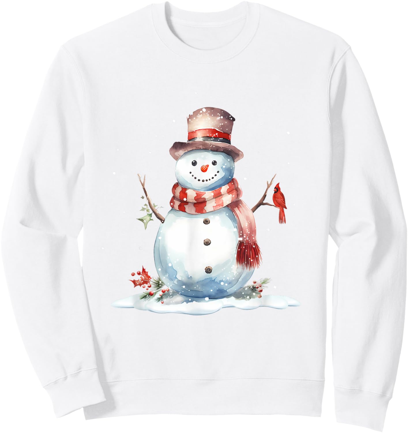 Cardinal Bird on Cute Winter Christmas Snowman, watercolor Sweatshirt - Sweatshirt | White