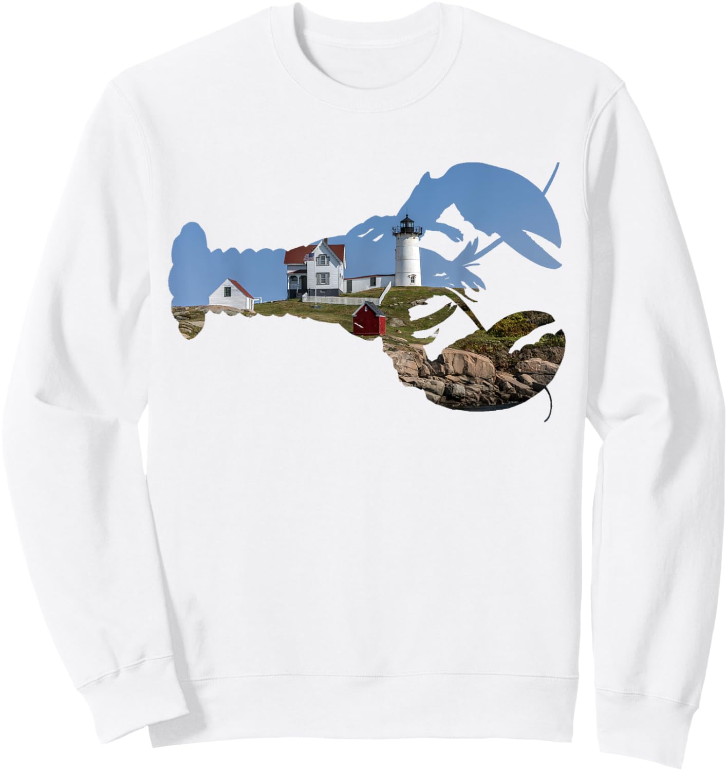 Nubble Lighthouse York ME Lobster Silhouette , Small, Blue Sweatshirt - Sweatshirt | White