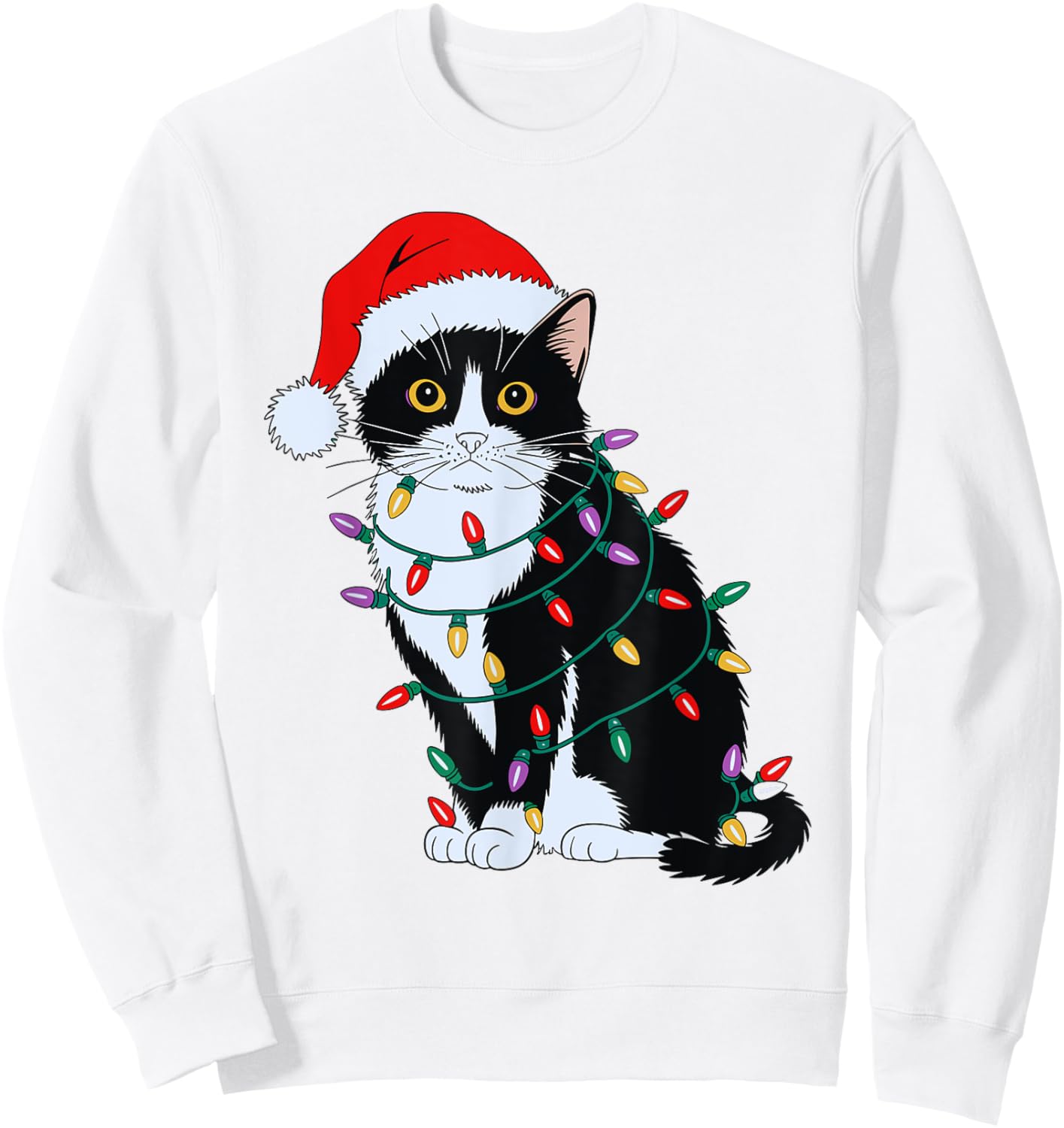 Tuxedo Cat Wearing Santa Hat Christmas Tree Lights Cat Lover Sweatshirt - Sweatshirt | White