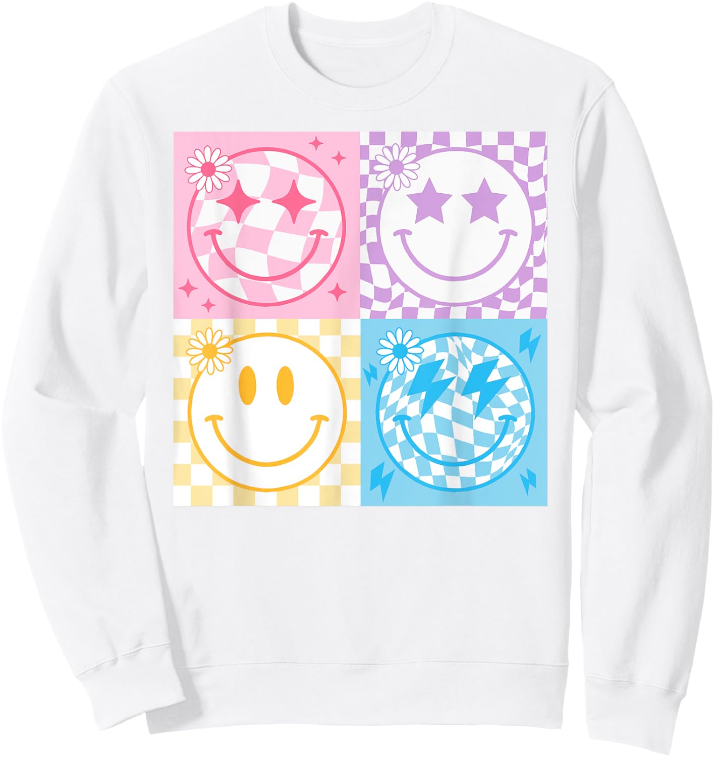 Happy Face Smile Checkered Pattern Retro Vibes Trendy Funny Sweatshirt - Sweatshirt | White