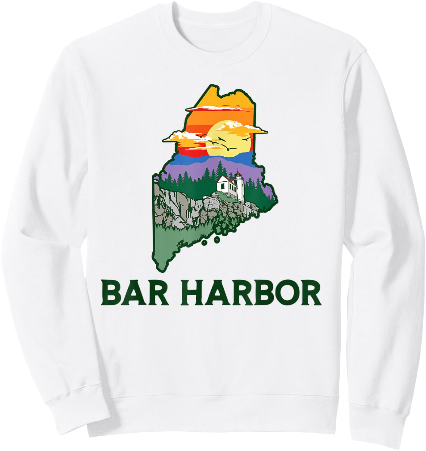 Retro Bar Harbor Maine Nature & Outside Illustrated Graphic Sweatshirt - Sweatshirt | White