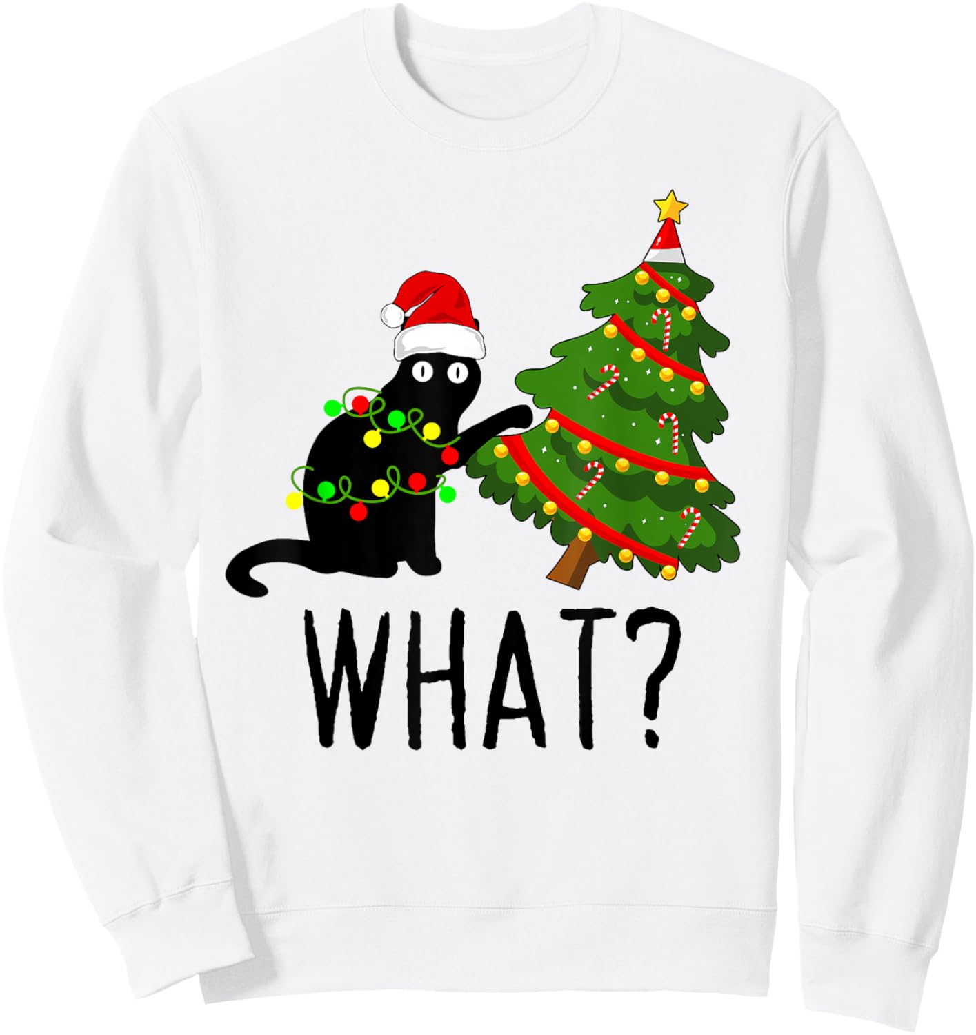 Black Cat Pushing Christmas Tree Over Cat What? Cat Shenanig Women Kids Sweatshirt - Sweatshirt | White