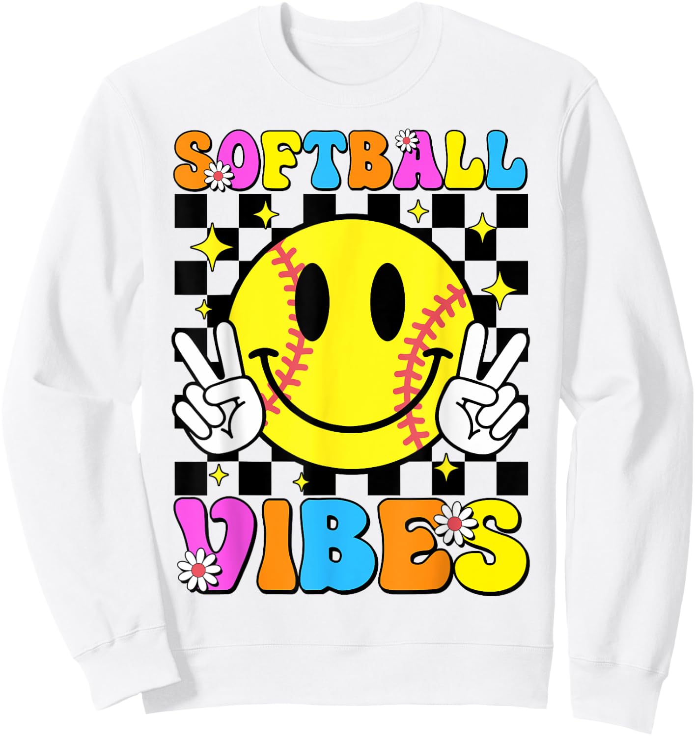 Groovy Softball Vibes Smile Face Checkered Girls Women Sweatshirt - Sweatshirt | White