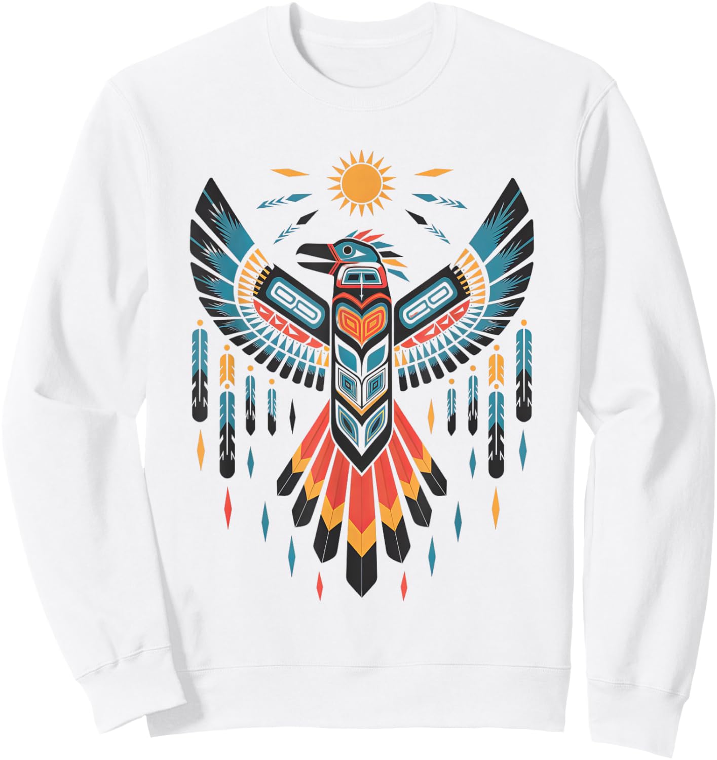 North American Tribal Thunderbird Vibrant Geometric Design Sweatshirt - Sweatshirt | White
