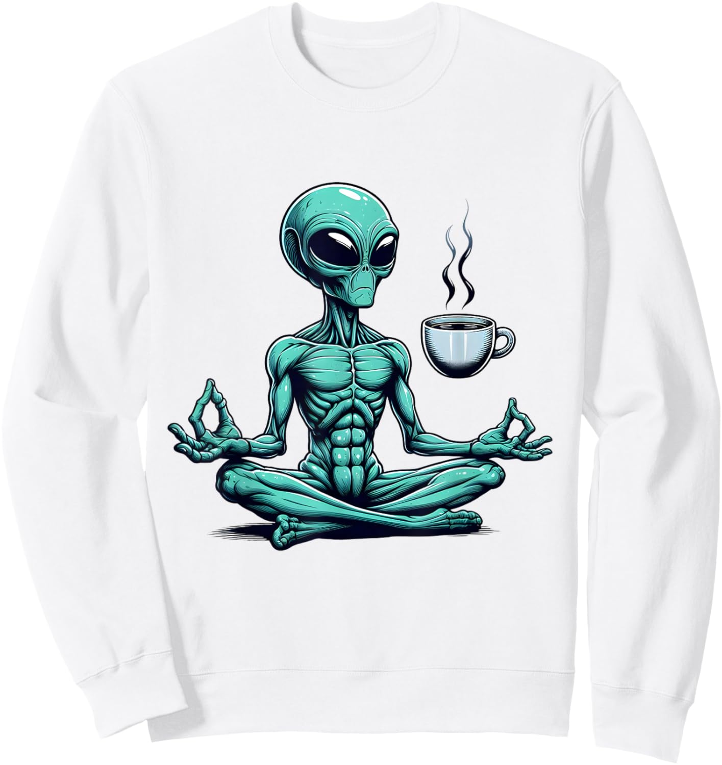 Alien Yoga With Coffee Mug UFO Lover Funny Meditate Poses Sweatshirt - Sweatshirt | White