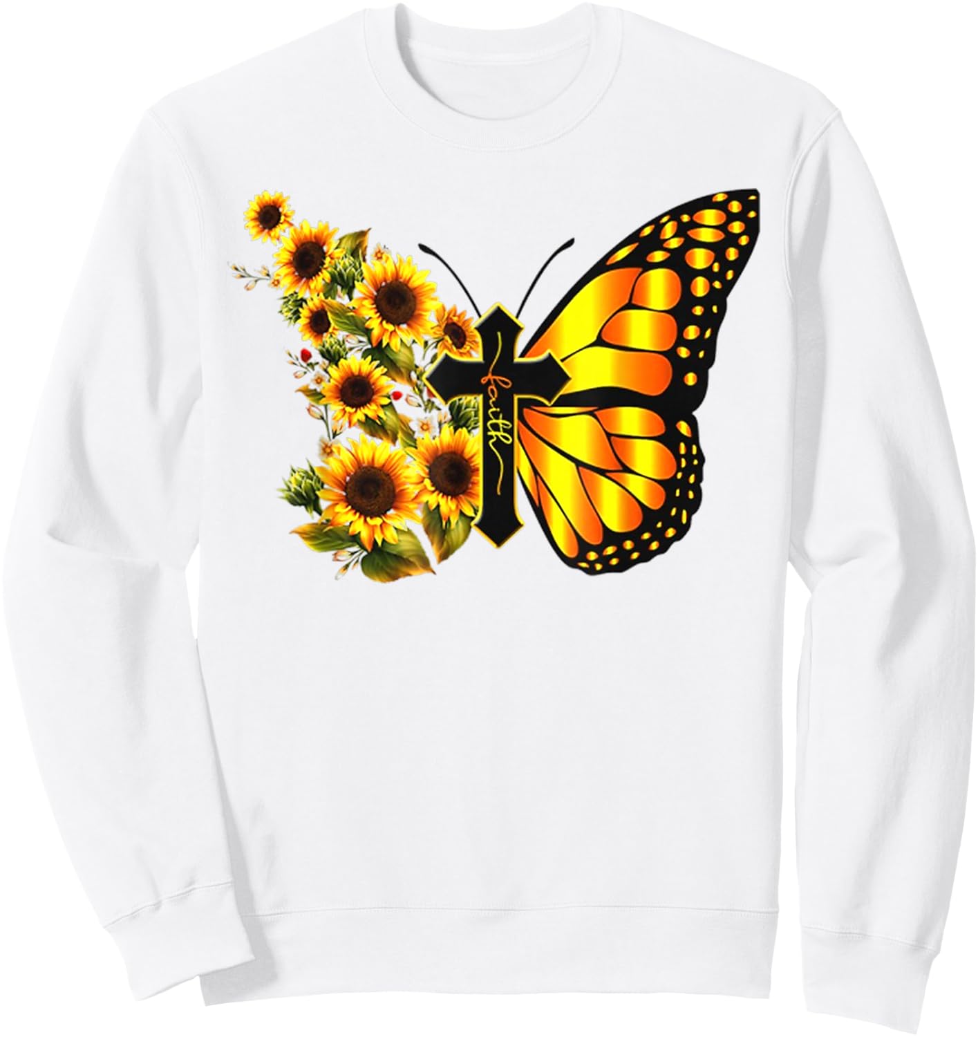 Vintage Faith Cross Sunflower Butterfly Christian Sweatshirt - Sweatshirt | White