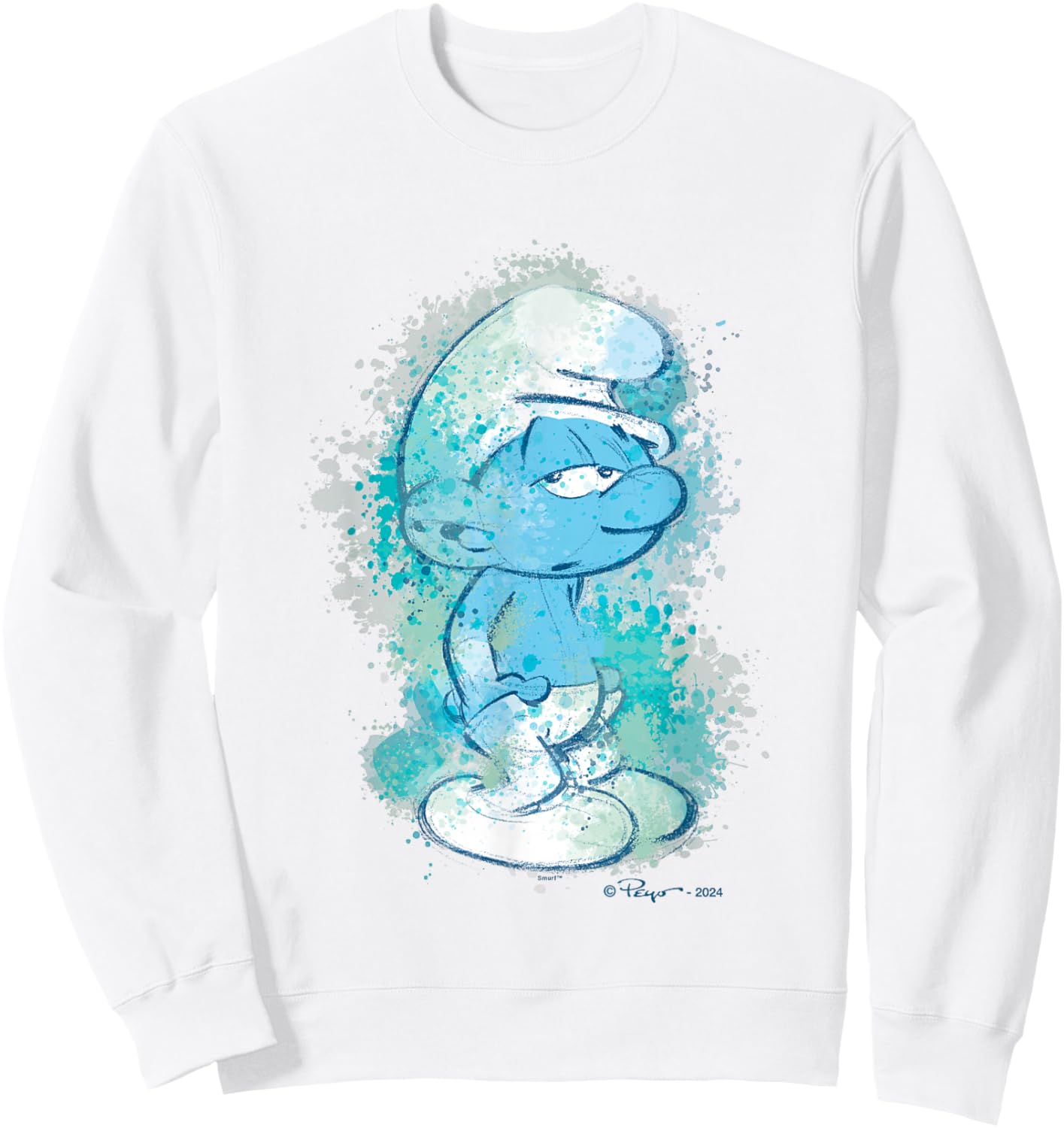 The Smurfs Lazy Smurf Watercolor Portrait Distressed Sweatshirt - Sweatshirt | White