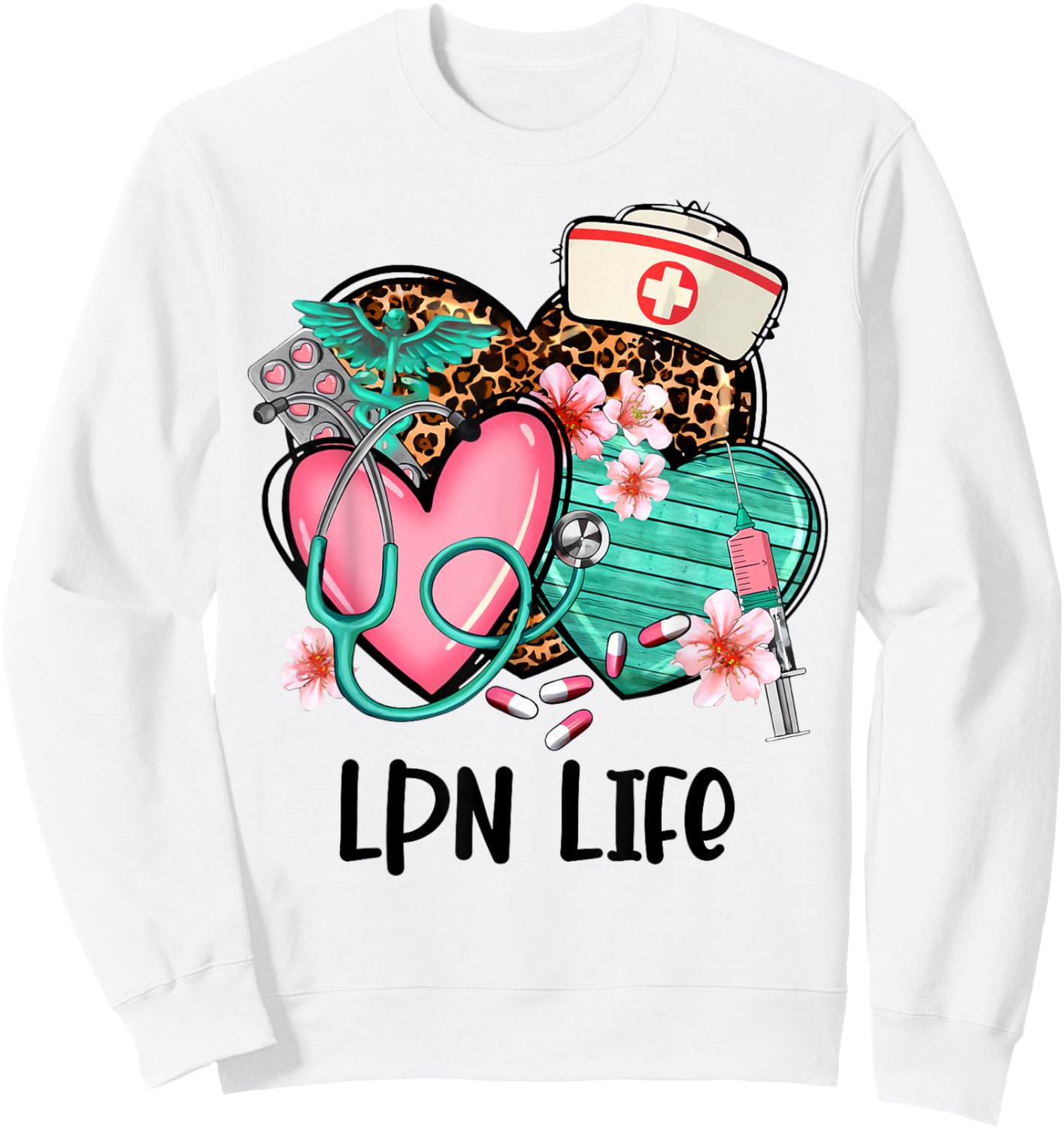 LPN Shirt Nurse Life Graphic Leopard Heart Sweatshirt - Sweatshirt | White