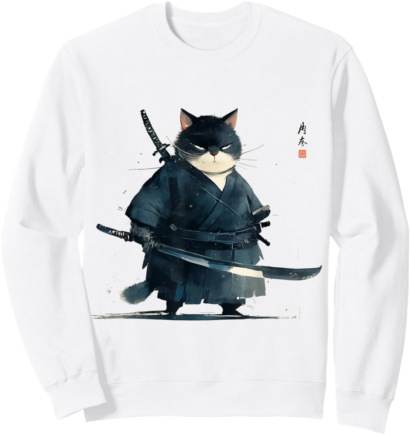 Japanese Art Cat Ninja Ukiyo-e Anime Style Samurai Cat Sweatshirt - Sweatshirt | White